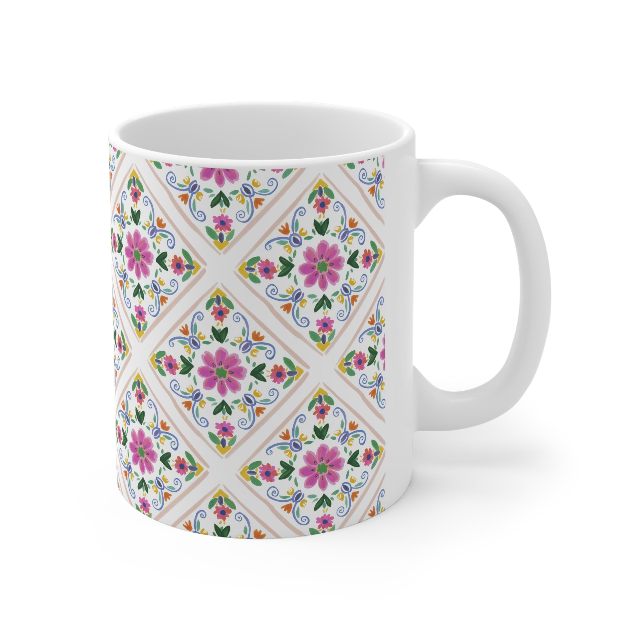 Floral Tile Pattern Mug — Ceramic Coffee Cup (11oz & 15oz)