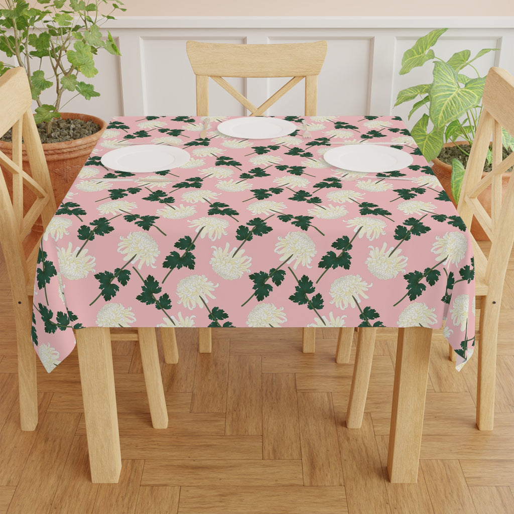 Pink Floral Tablecloth — Vintage White Chrysanthemum Pattern for Spring & Mother's Day