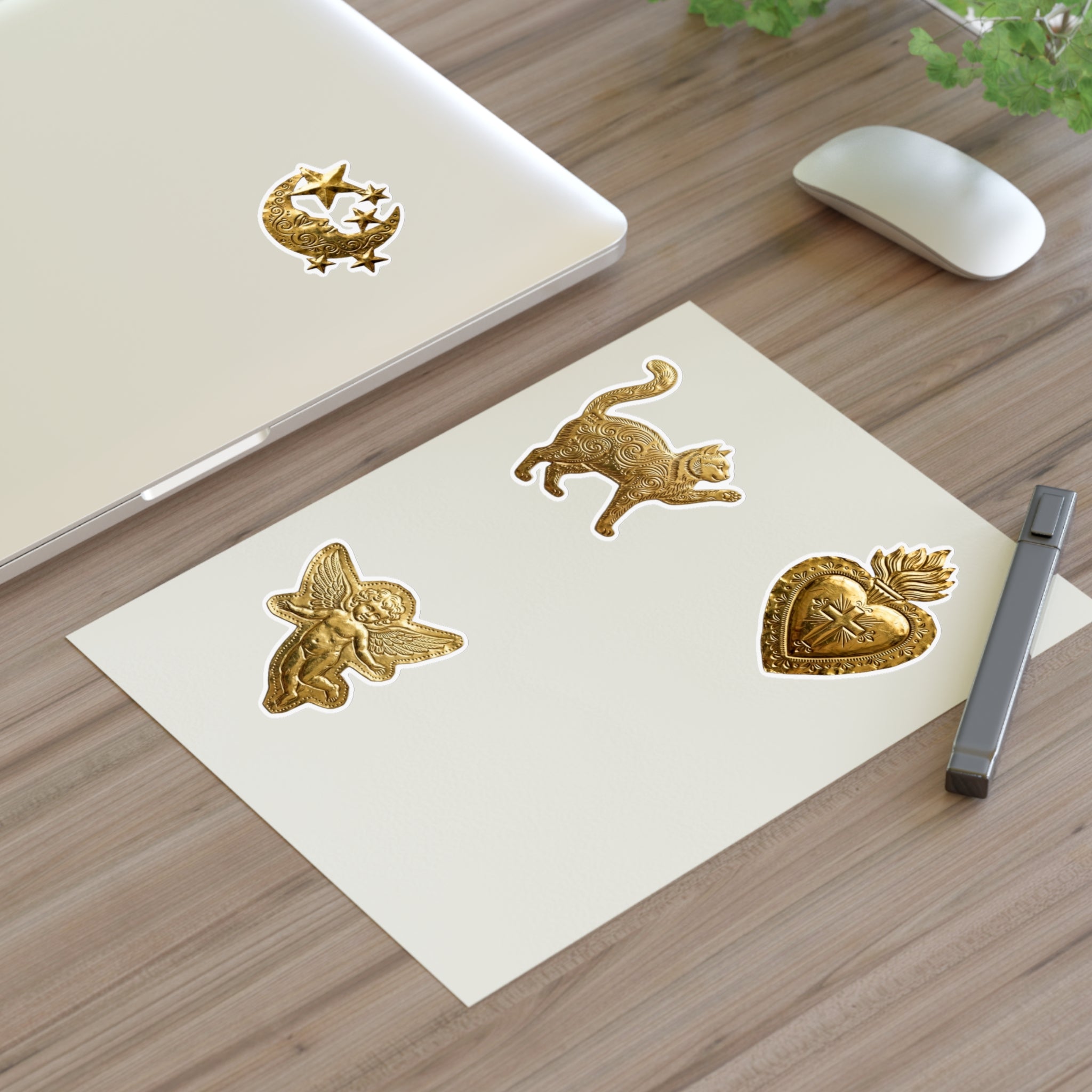 Gold Embossed Symbol Sticker Sheet — Moon, Heart, Angel & Cat Decorative Stickers