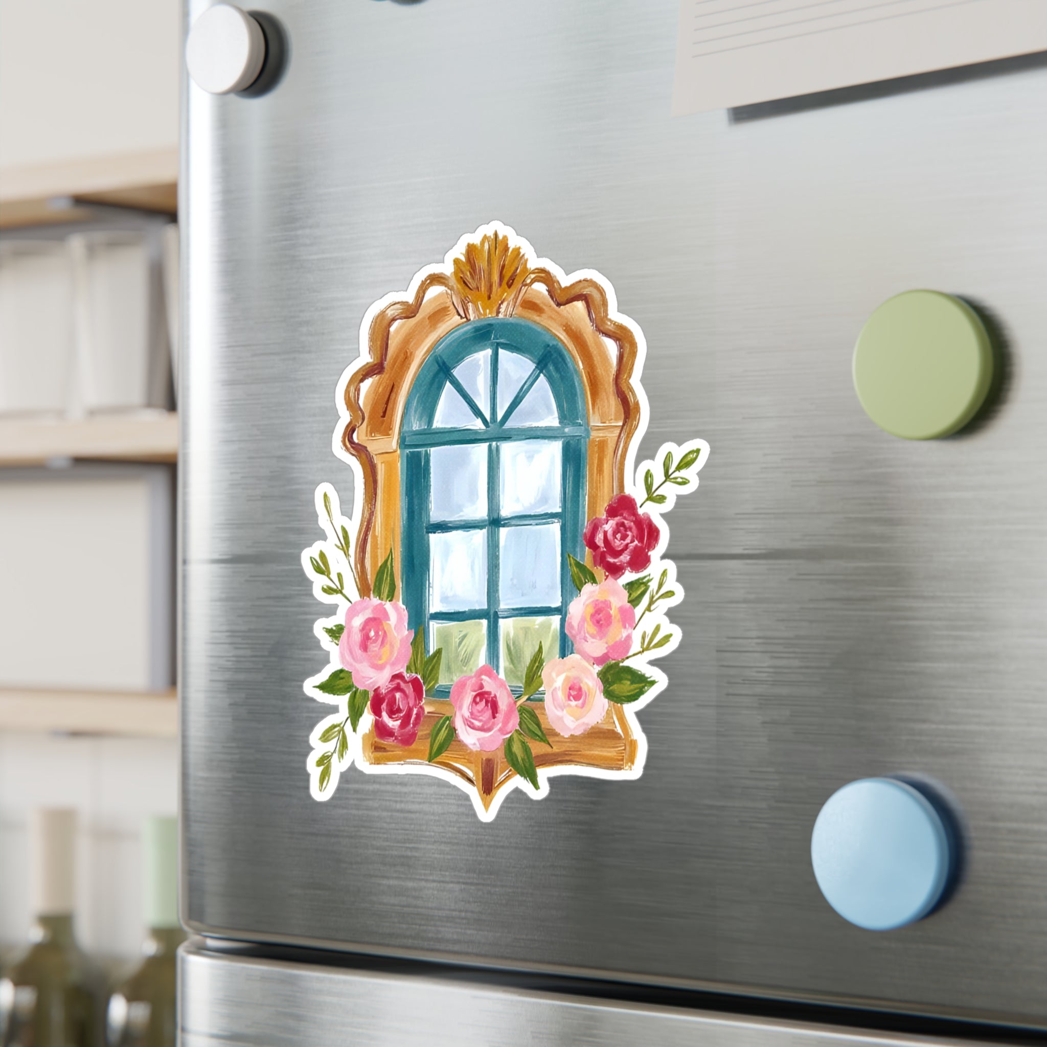 Floral Vintage Window Kiss-Cut Vinyl Decal – Antique Frame with Roses Sticker