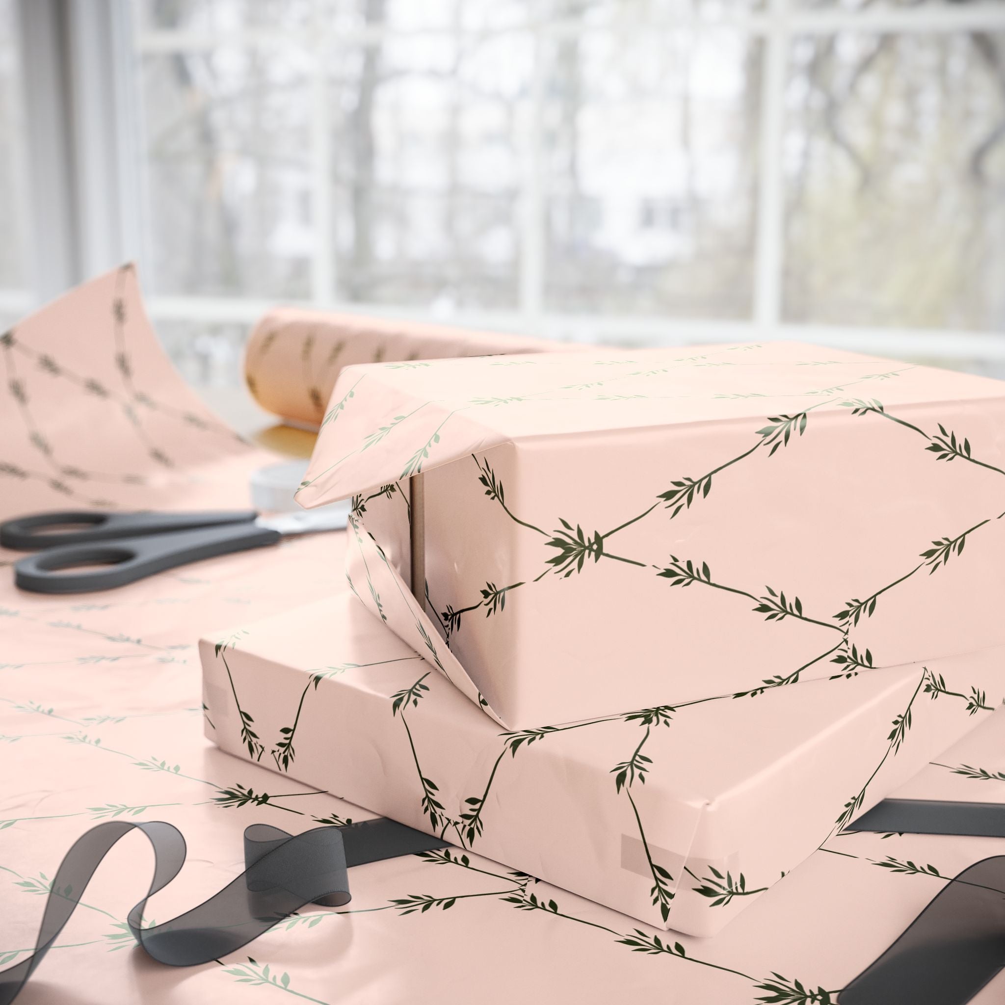 Floral Lattice Wrapping Paper Roll — Blush Pink Botanical Gift Wrap