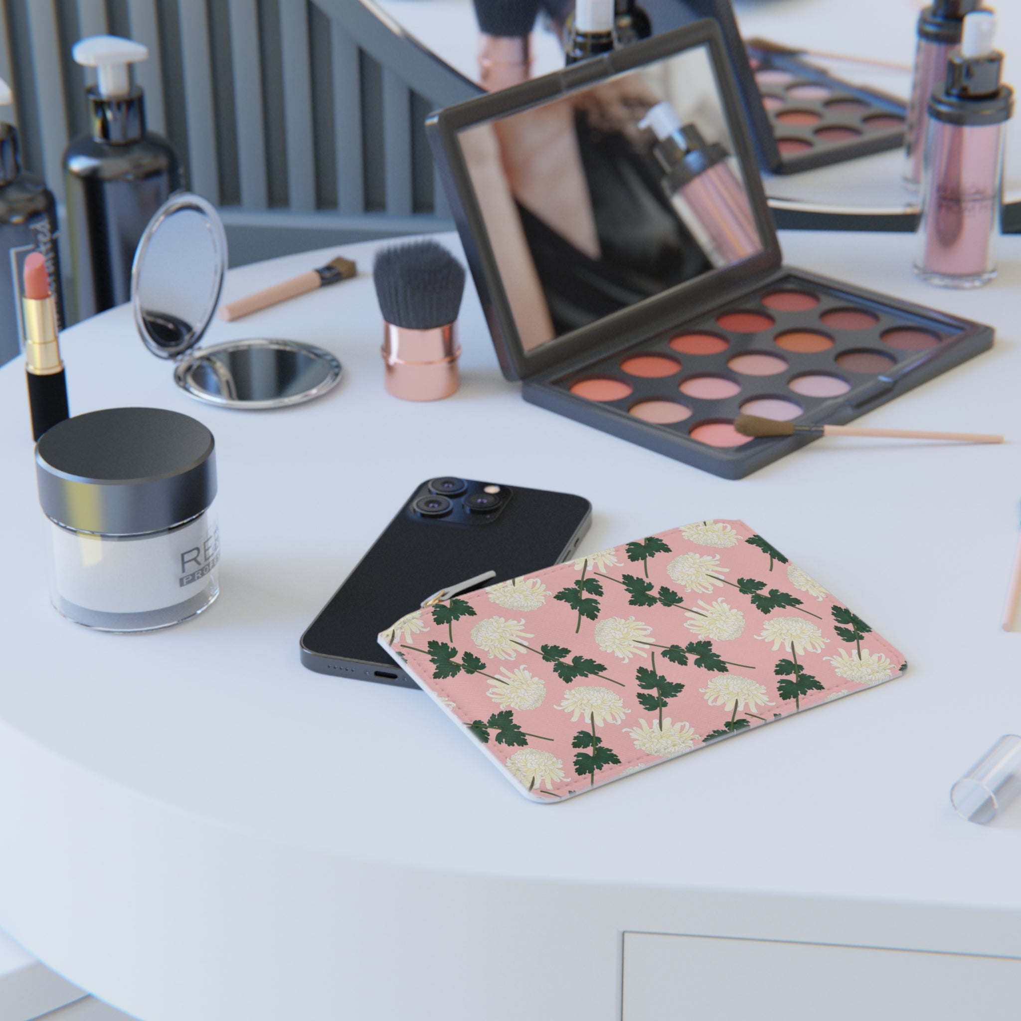 Pink Floral Mini Clutch Bag — White Chrysanthemum Pattern Coin Purse