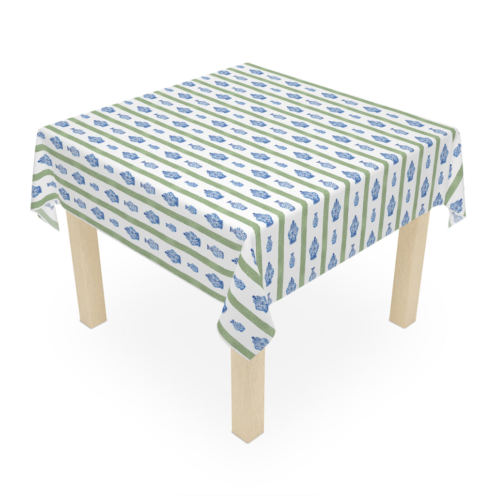 Chinoiserie Tablecloth | Blue Floral Stripe Dining Linen