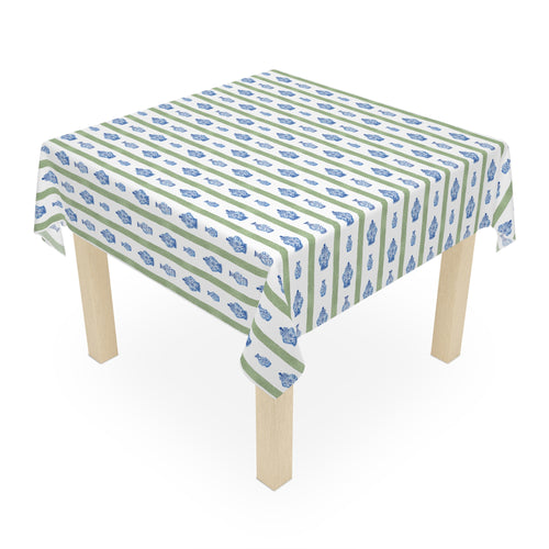 Chinoiserie Tablecloth | Blue Floral Stripe Dining Linen