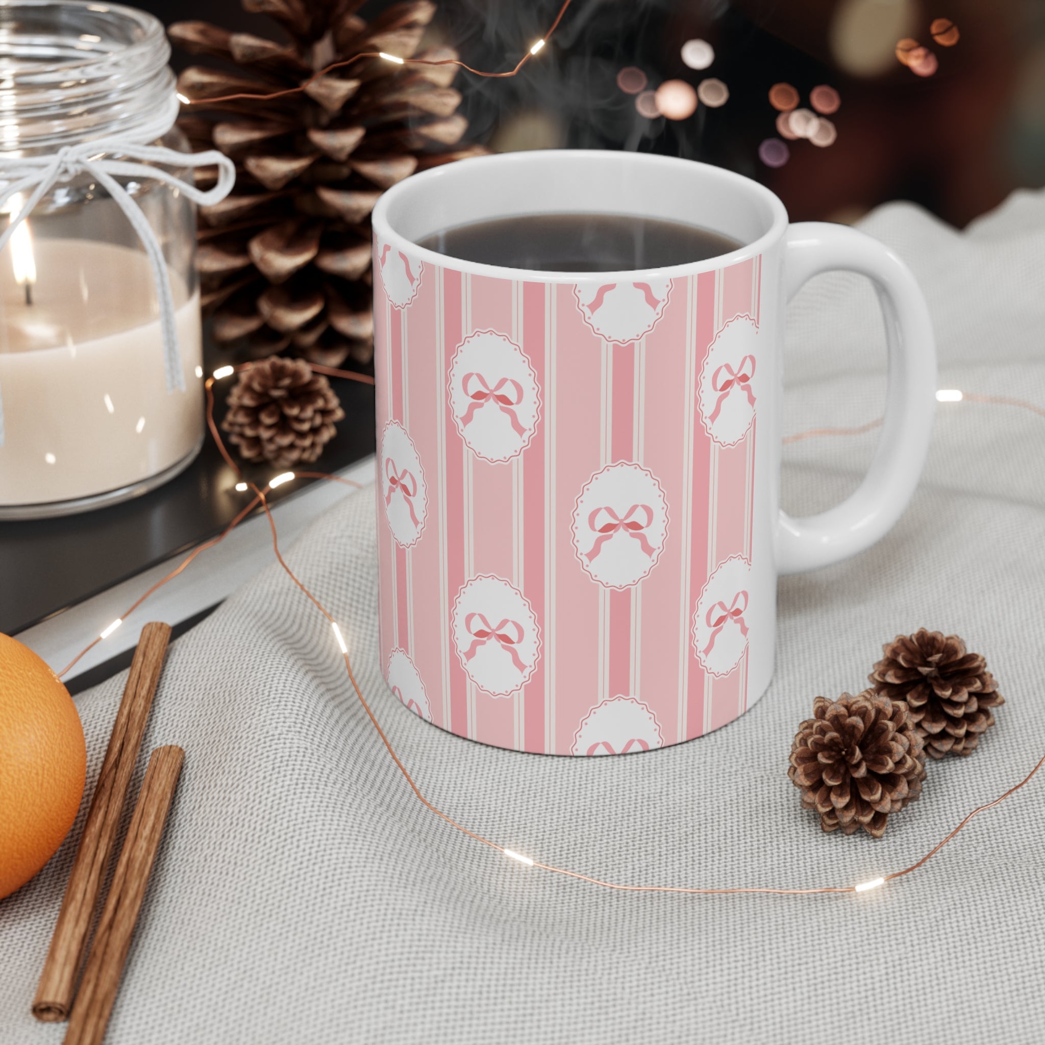 Pink Bow Mug | Cute Striped Coffee Cup