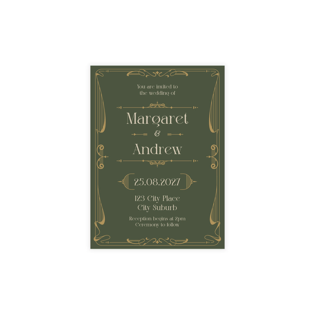 Green Art Nouveau Wedding Invitation | Customizable Flat Card Pack (10, 30, 50 Count)