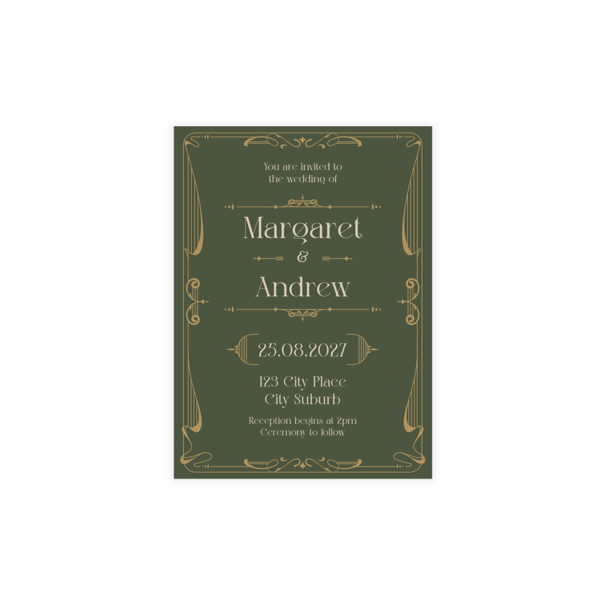 Green Art Nouveau Wedding Invitation | Customizable Flat Card Pack (10, 30, 50 Count)