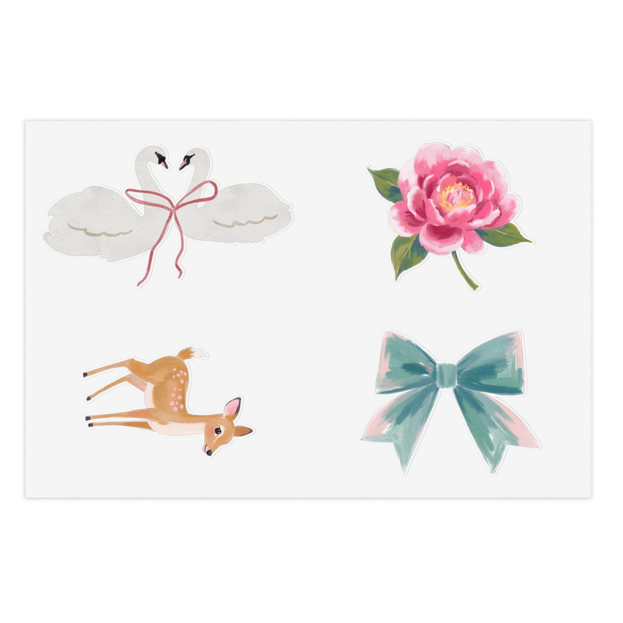 Sticker Sheets — Watercolor Deer, Peony, Swan Hearts & Pastel Bow Set