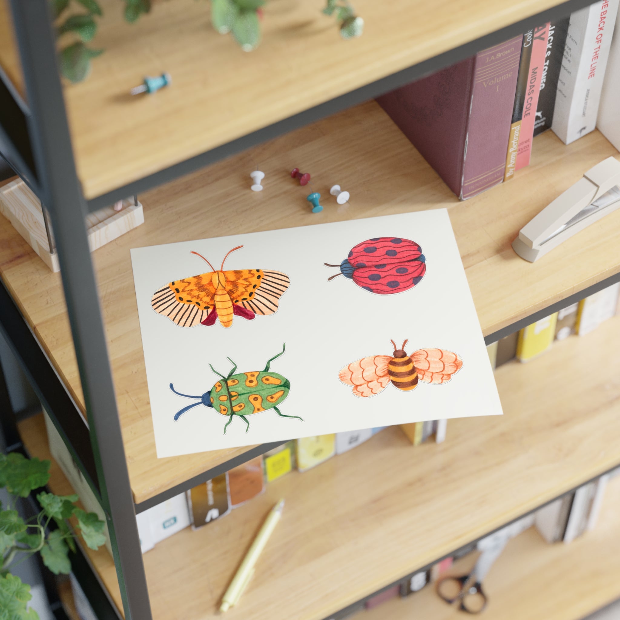 Whimsical Insect Sticker Sheet — Colorful Beetle, Ladybug, Moth & Bee Decals