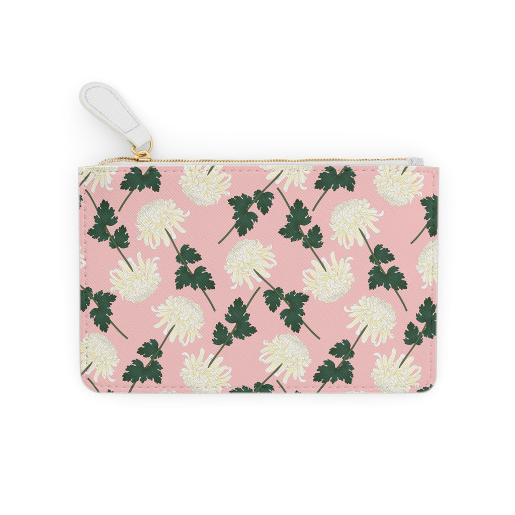 Pink Floral Mini Clutch Bag — White Chrysanthemum Pattern Coin Purse