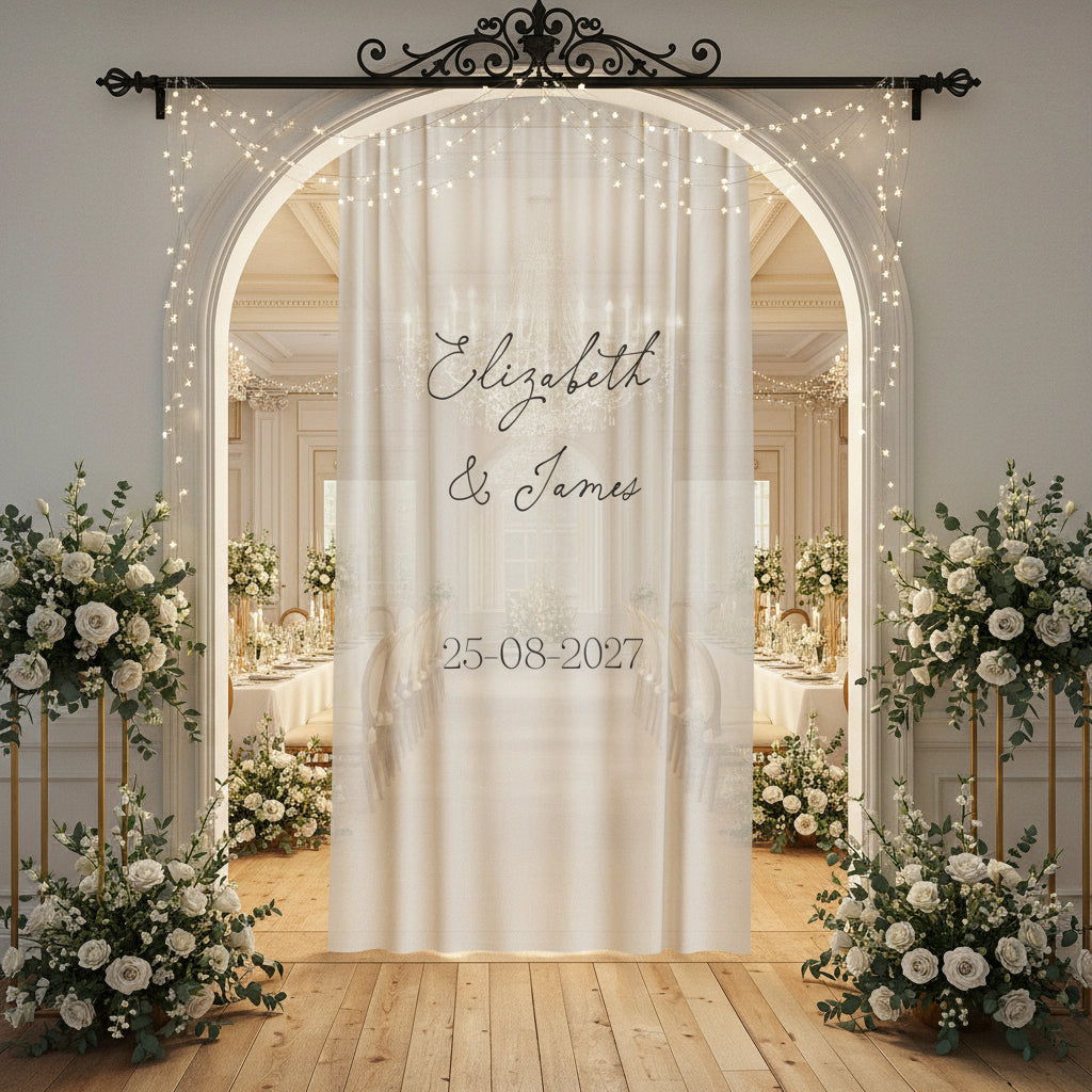 Sheer Curtain — Personalized Bride and Groom Names with Wedding Date Window Panel