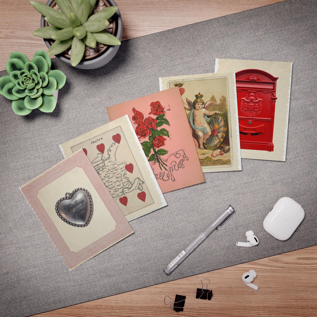 Vintage Valentine Greeting Card Set – Romantic 5 Pack Note Cards