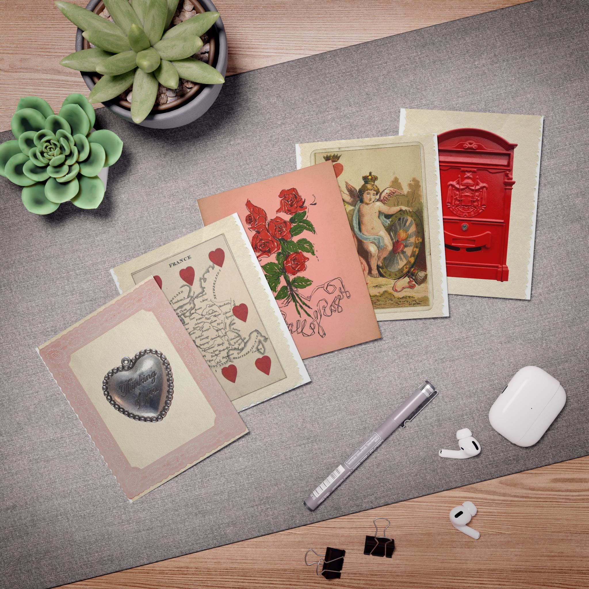 Vintage Valentine Greeting Card Set – Romantic 5 Pack Note Cards
