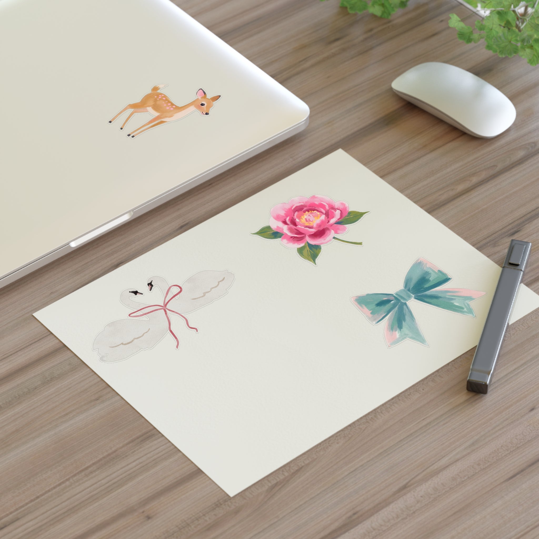 Sticker Sheets — Watercolor Deer, Peony, Swan Hearts & Pastel Bow Set