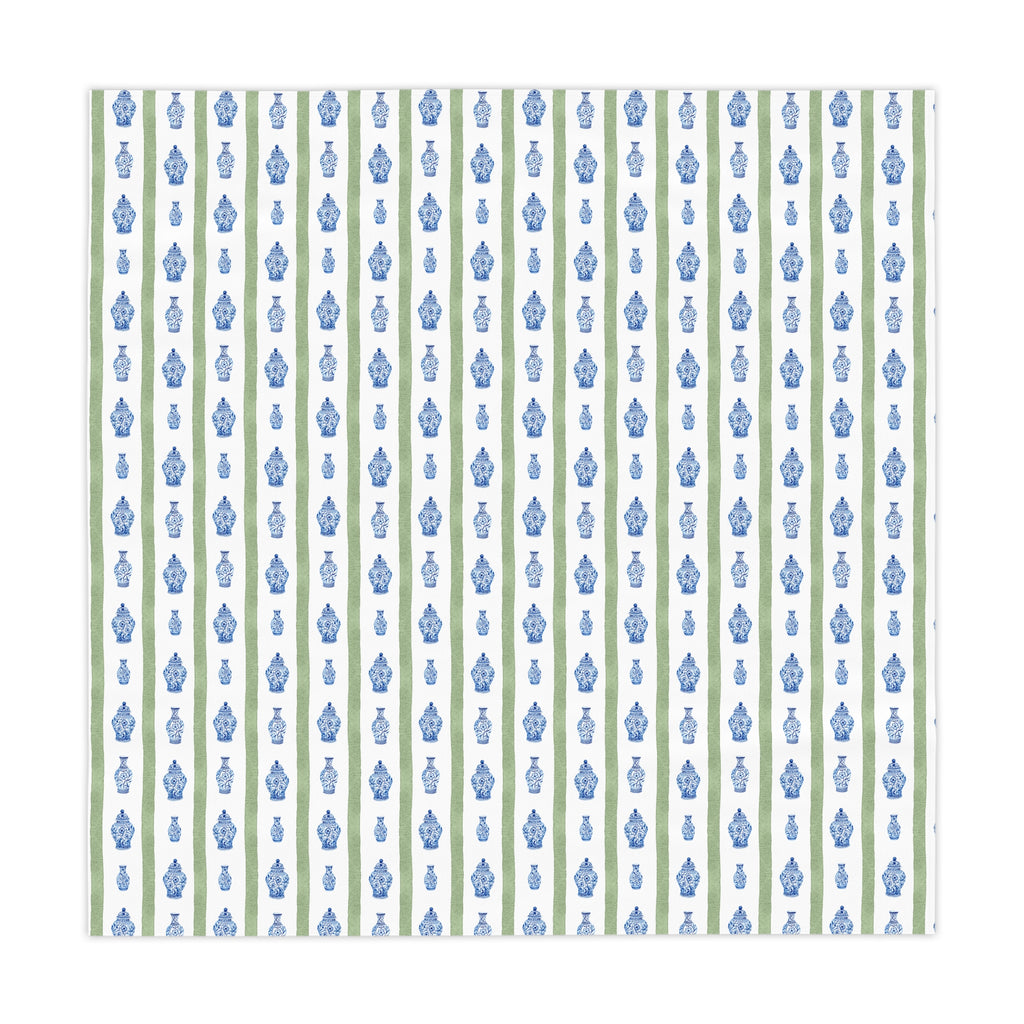 Chinoiserie Tablecloth | Blue Floral Stripe Dining Linen