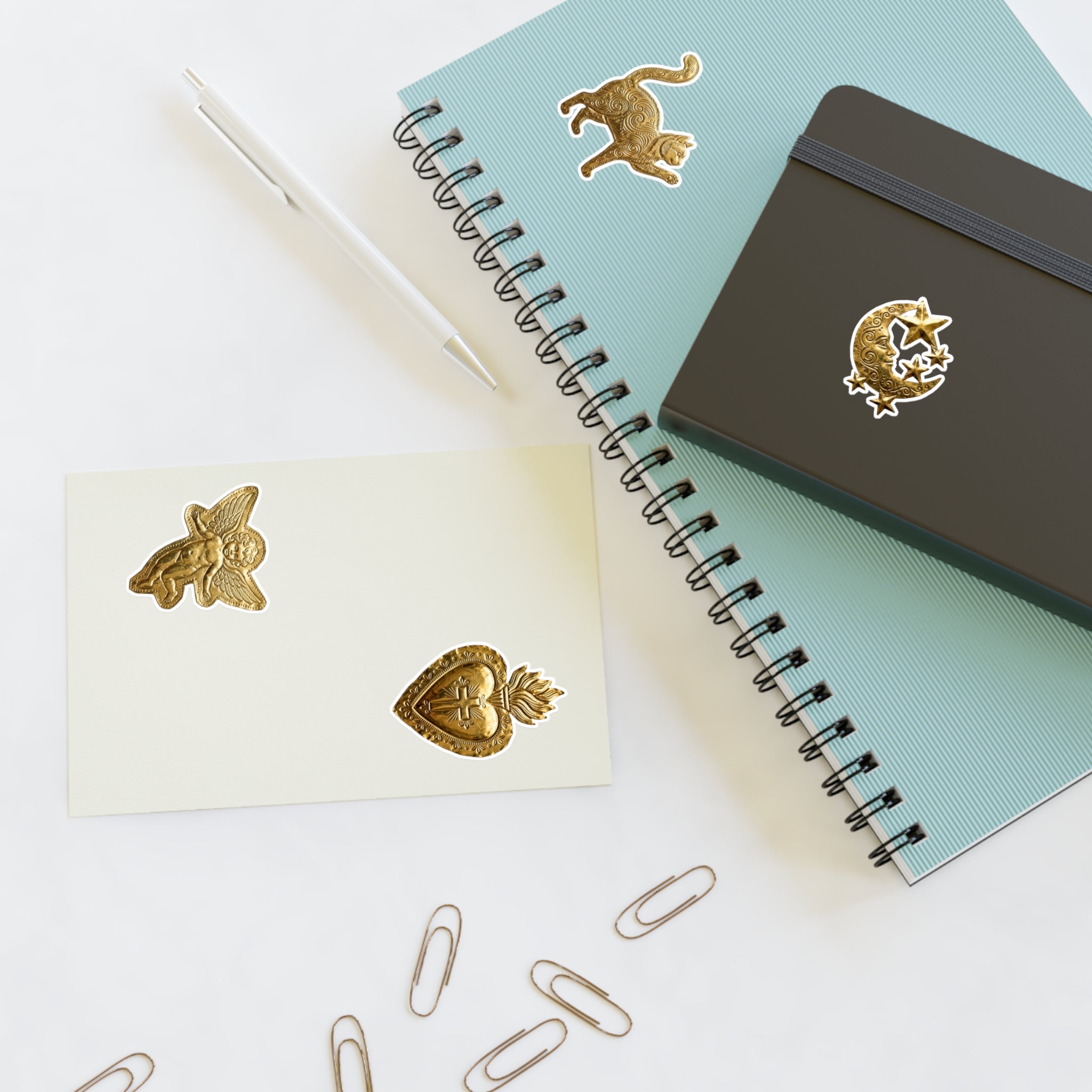 Gold Embossed Symbol Sticker Sheet — Moon, Heart, Angel & Cat Decorative Stickers