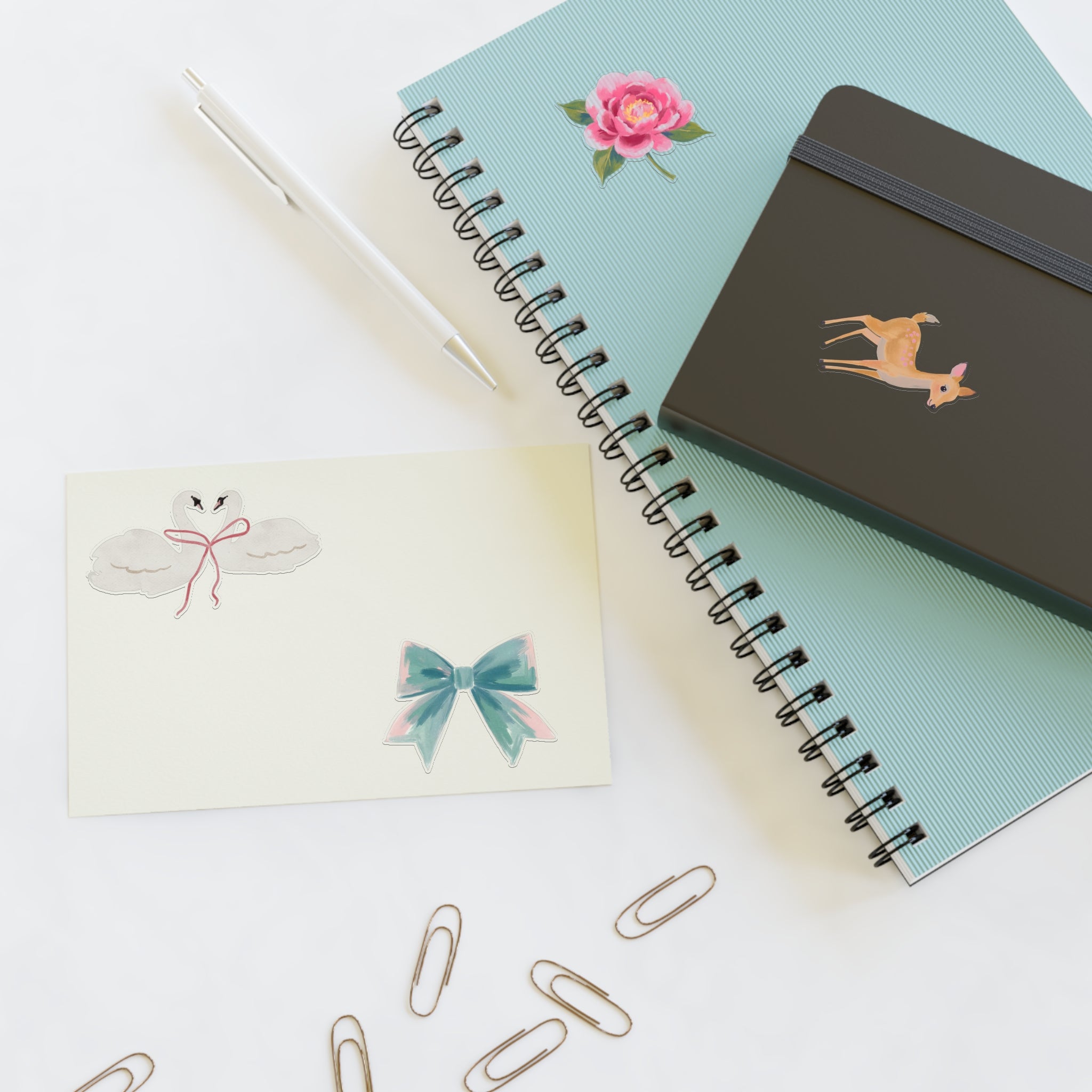 Sticker Sheets — Watercolor Deer, Peony, Swan Hearts & Pastel Bow Set