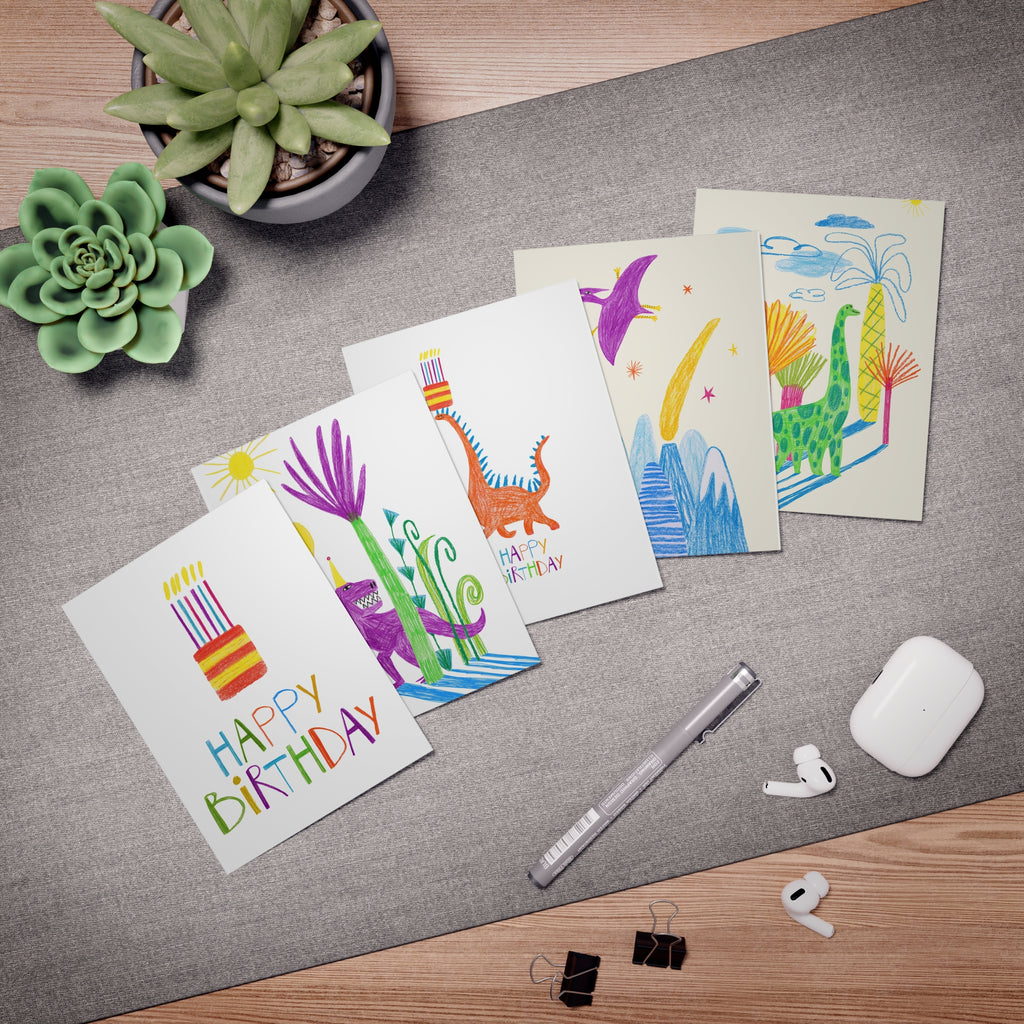 Whimsical Birthday Cards 5-Pack — Colorful Dino & Party Illustrations
