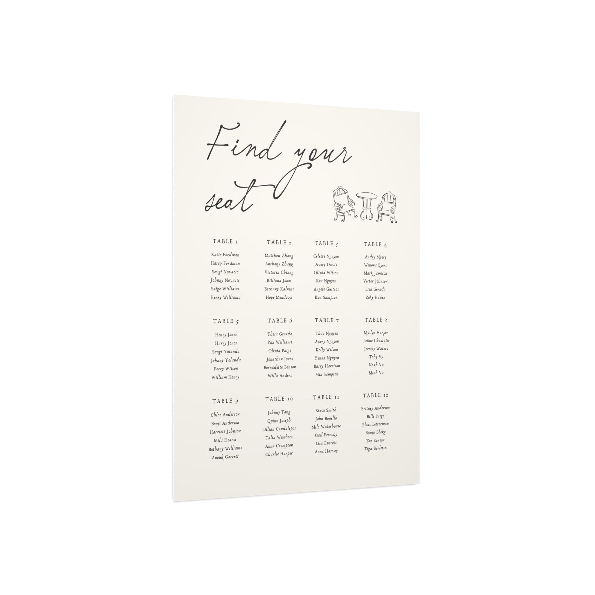 Seating Chart Foam Board — "Find Your Seat" Elegant Wedding Reception Sign