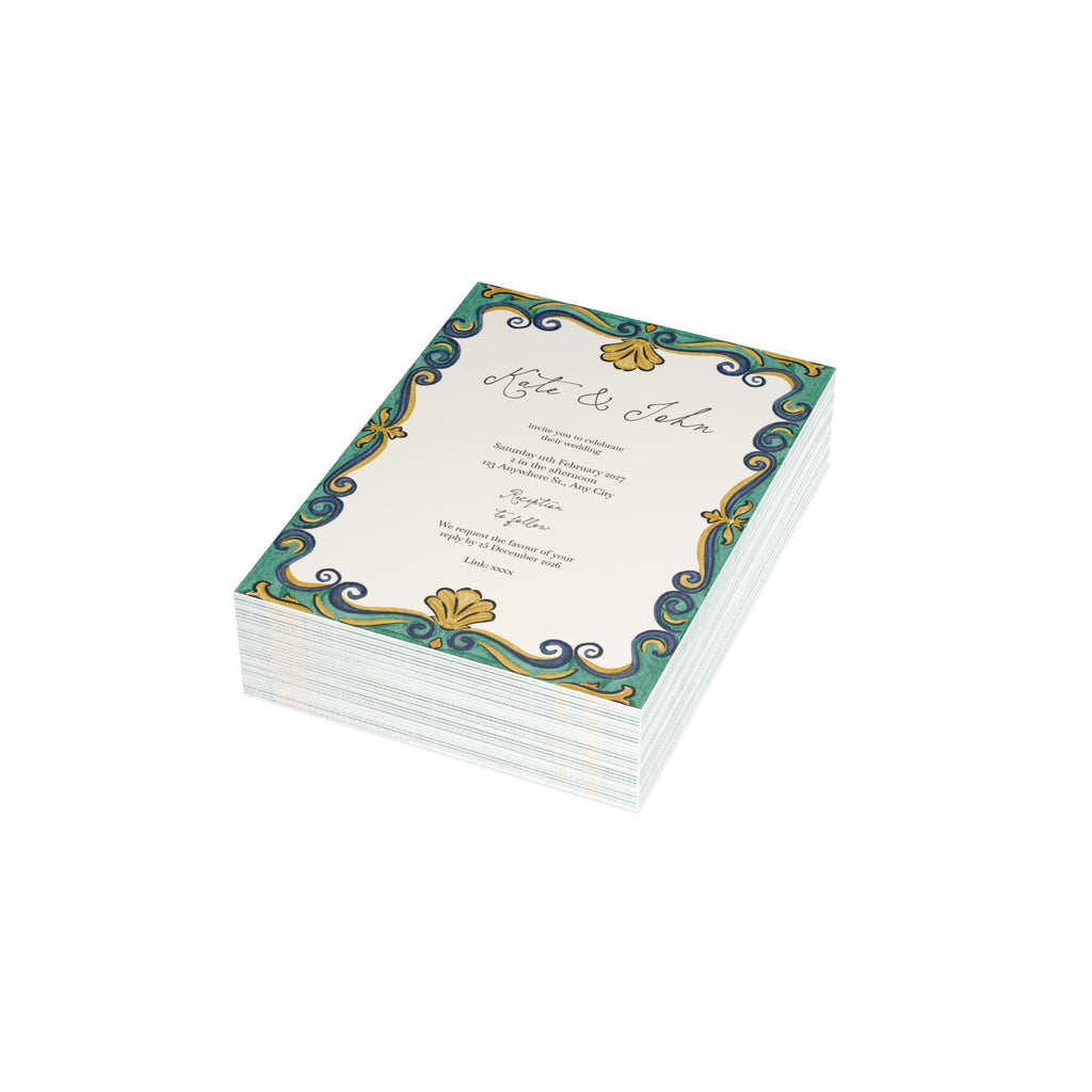 Rustic Watercolour Mediterranean Wedding Invitation | Customizable Flat Card Pack (10, 30, 50 Count)