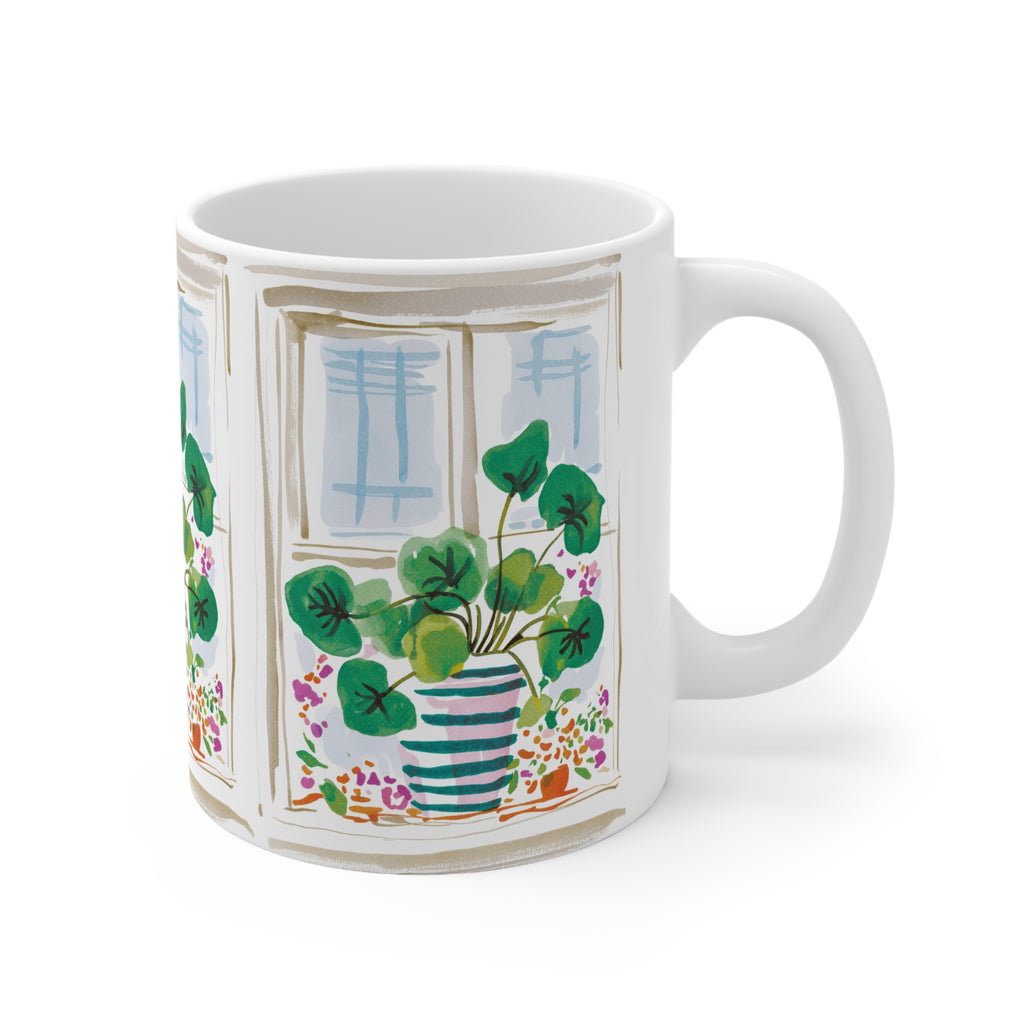 Botanical Window Coffee Mug — Potted Plant Illustration Ceramic Cup (11oz & 15oz)