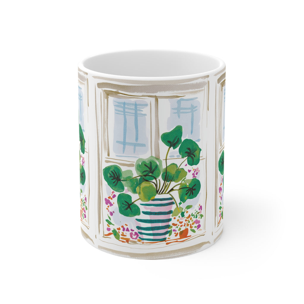 Botanical Window Coffee Mug — Potted Plant Illustration Ceramic Cup (11oz & 15oz)