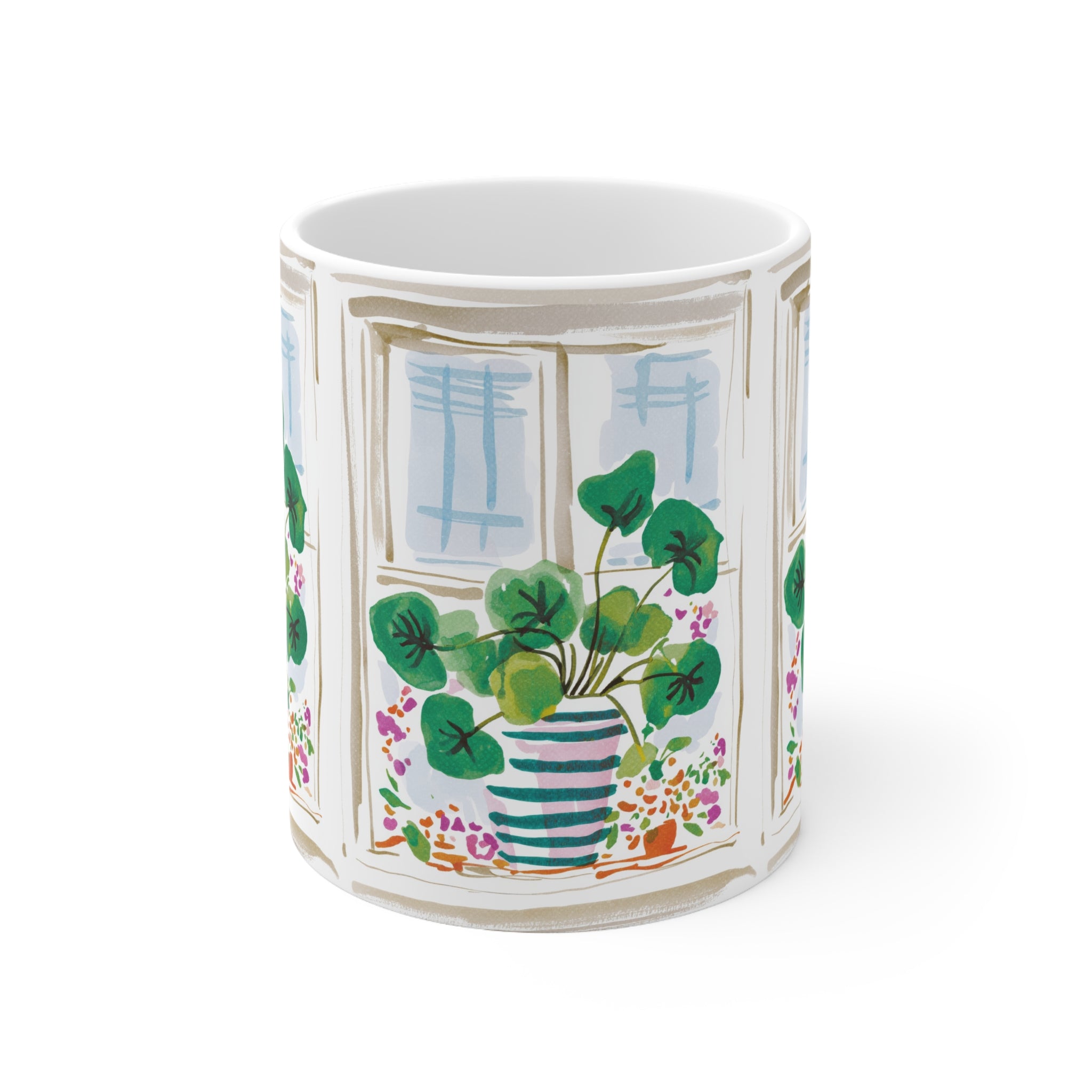 Botanical Window Coffee Mug — Potted Plant Illustration Ceramic Cup (11oz & 15oz)