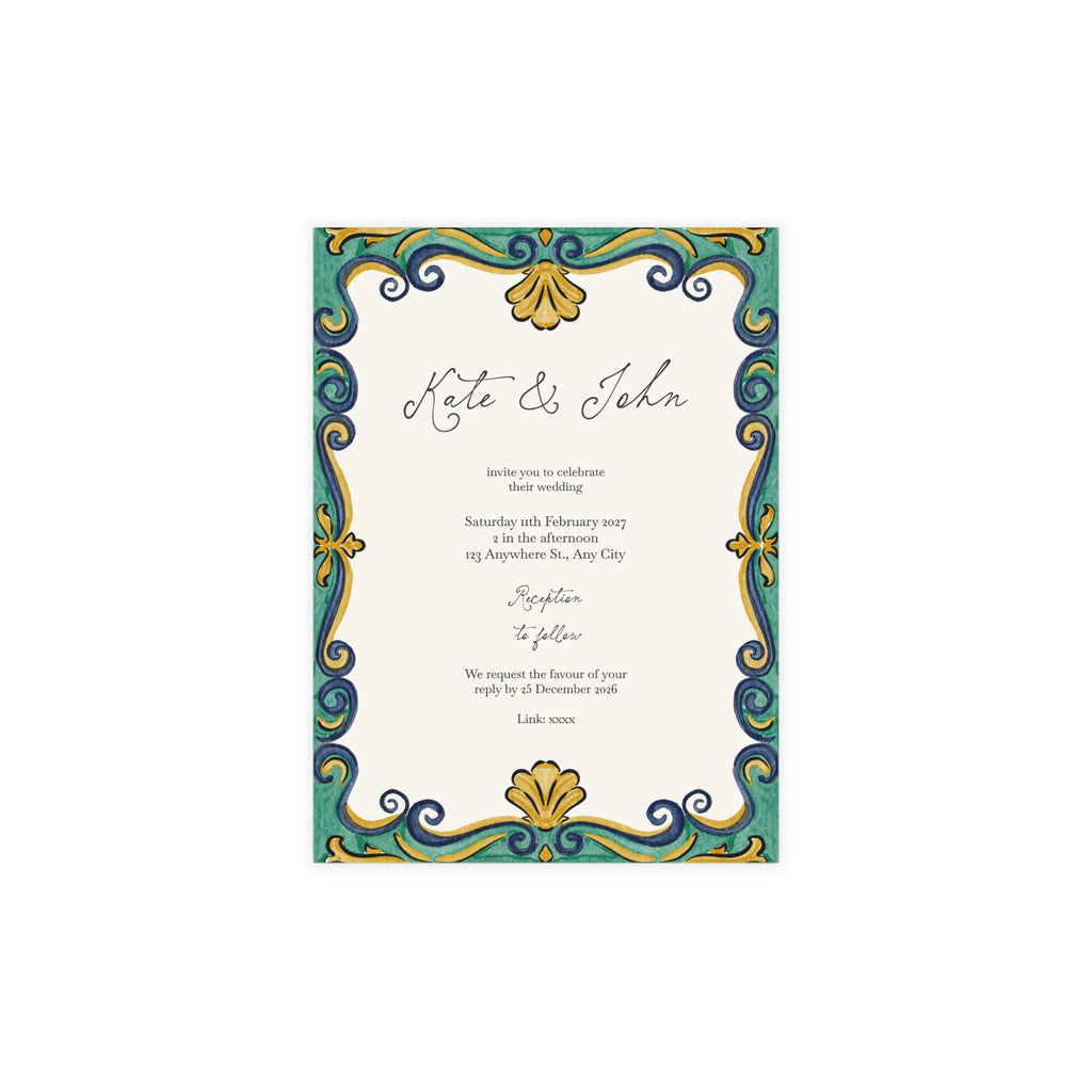 Rustic Watercolour Mediterranean Wedding Invitation | Customizable Flat Card Pack (10, 30, 50 Count)