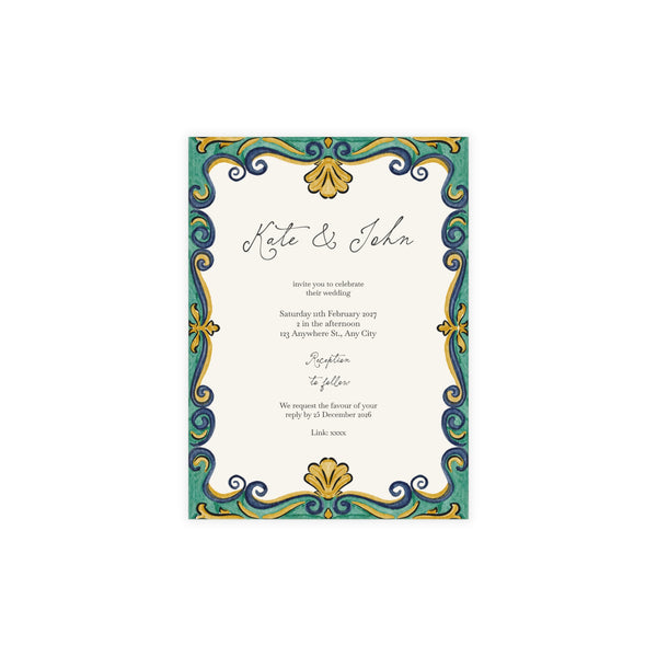 Rustic Watercolour Mediterranean Wedding Invitation | Customizable Flat Card Pack (10, 30, 50 Count)