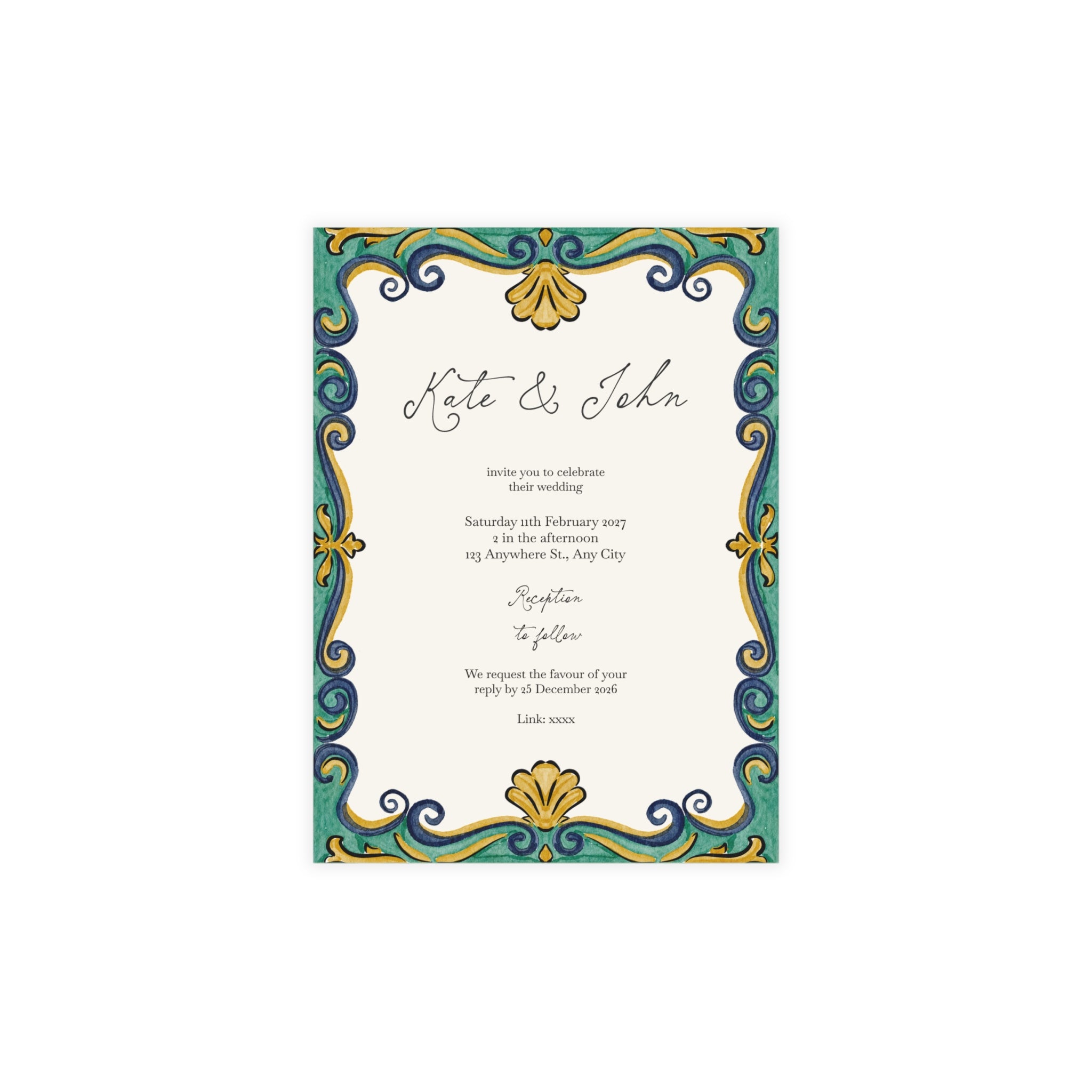Rustic Watercolour Mediterranean Wedding Invitation | Customizable Flat Card Pack (10, 30, 50 Count)