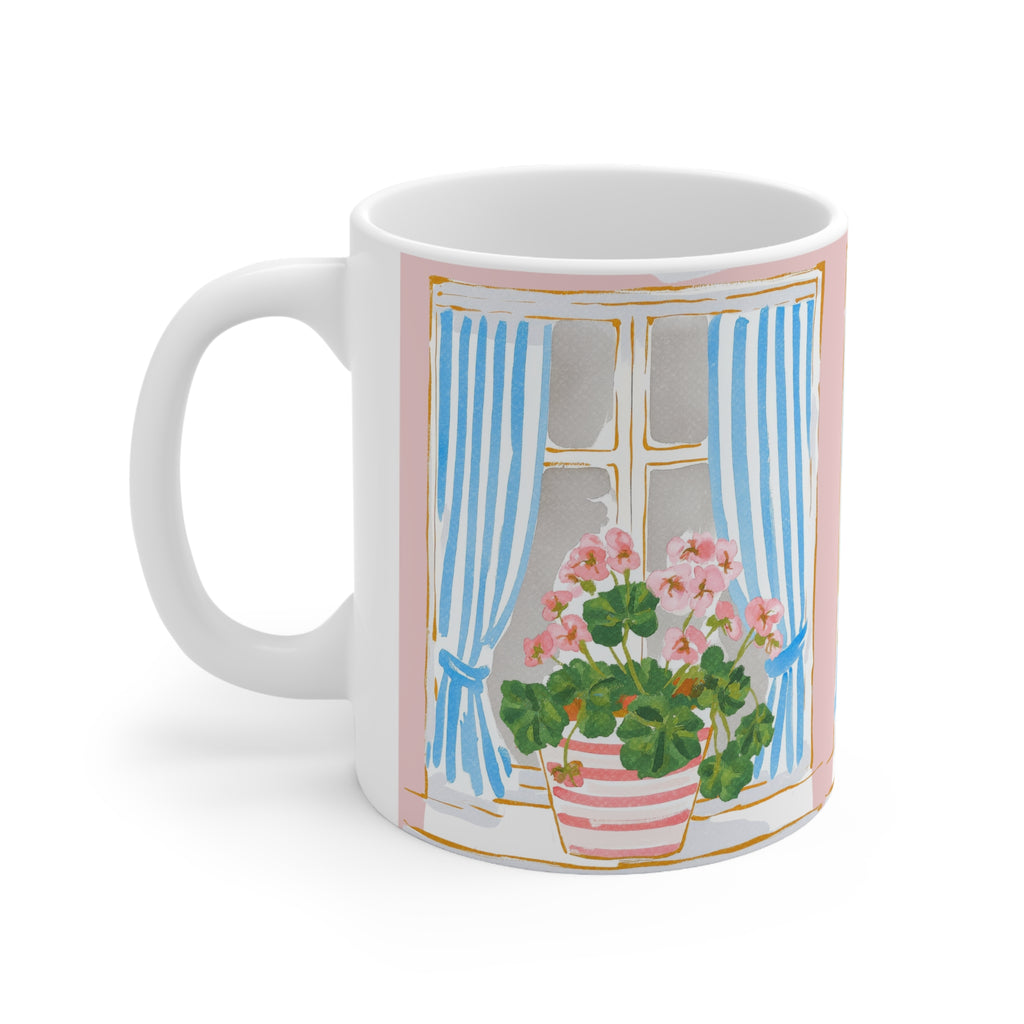Floral Window Coffee Mug — Pink Geraniums & Blue Curtains (11oz/15oz)