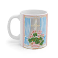 Floral Window Coffee Mug — Pink Geraniums & Blue Curtains (11oz/15oz)