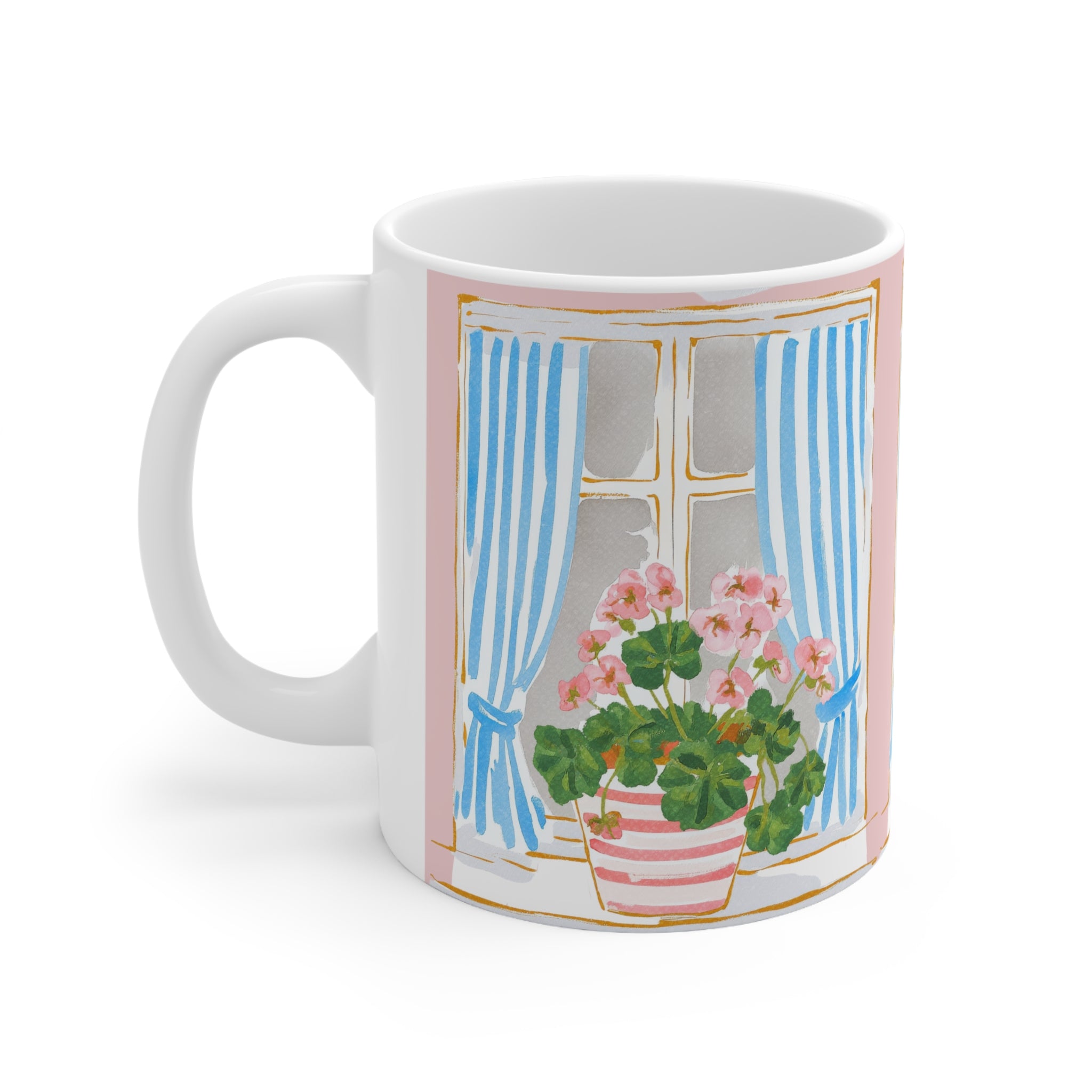 Floral Window Coffee Mug — Pink Geraniums & Blue Curtains (11oz/15oz)