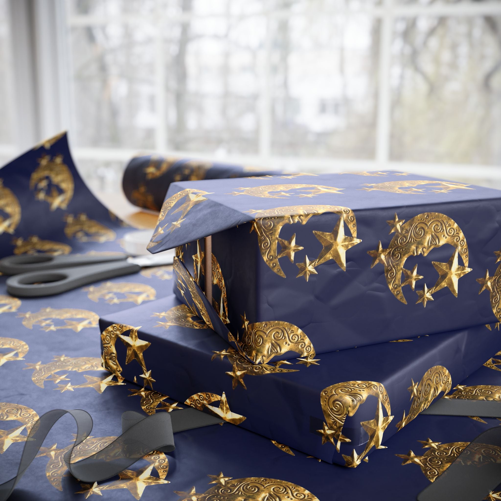 Celestial Gold Moon Wrapping Paper Roll — Navy Gift Wrap with Ornate Stars