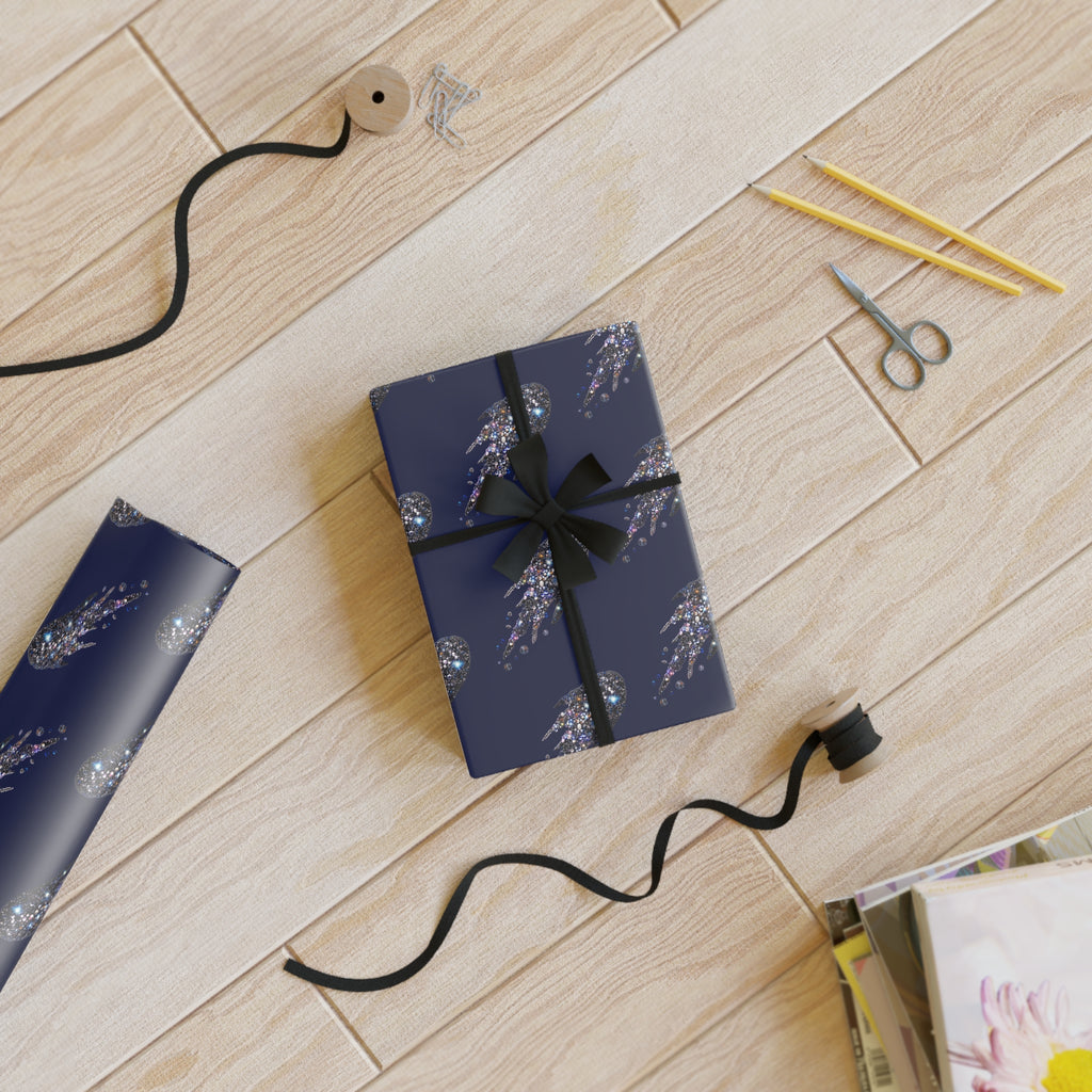 Navy Shooting Star Gift Wrap Roll — Celestial Holiday Wrapping Paper