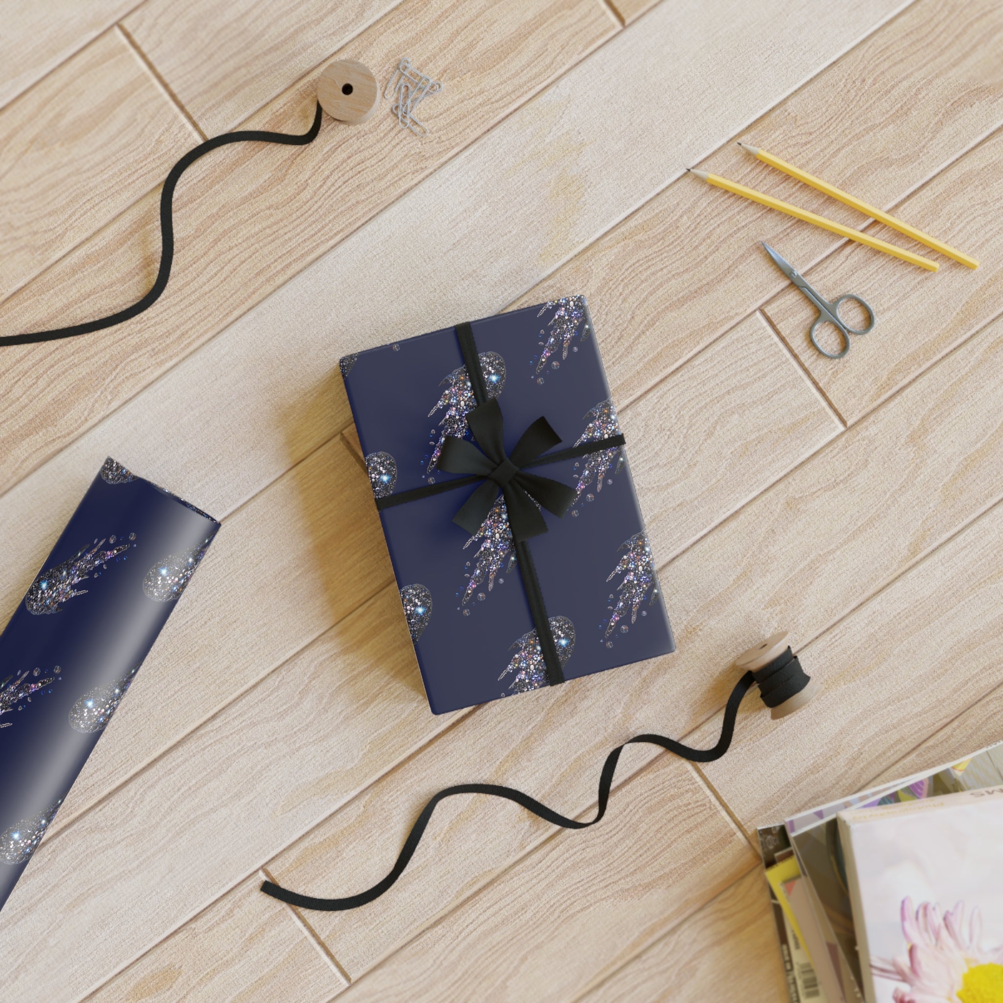 Navy Shooting Star Gift Wrap Roll — Celestial Holiday Wrapping Paper