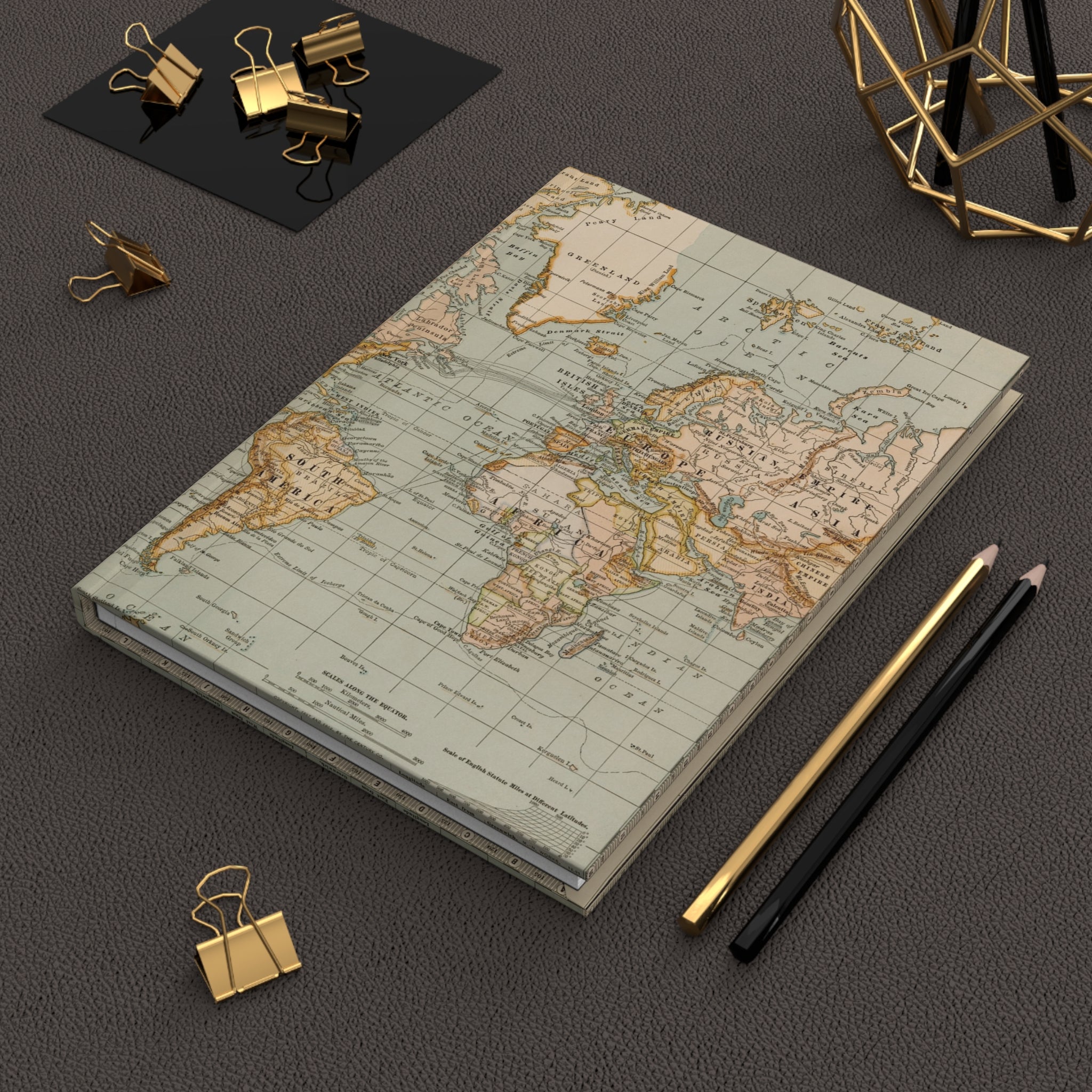 Vintage World Map Hardcover Journal — Travel Notebook, Retro Globe Gift
