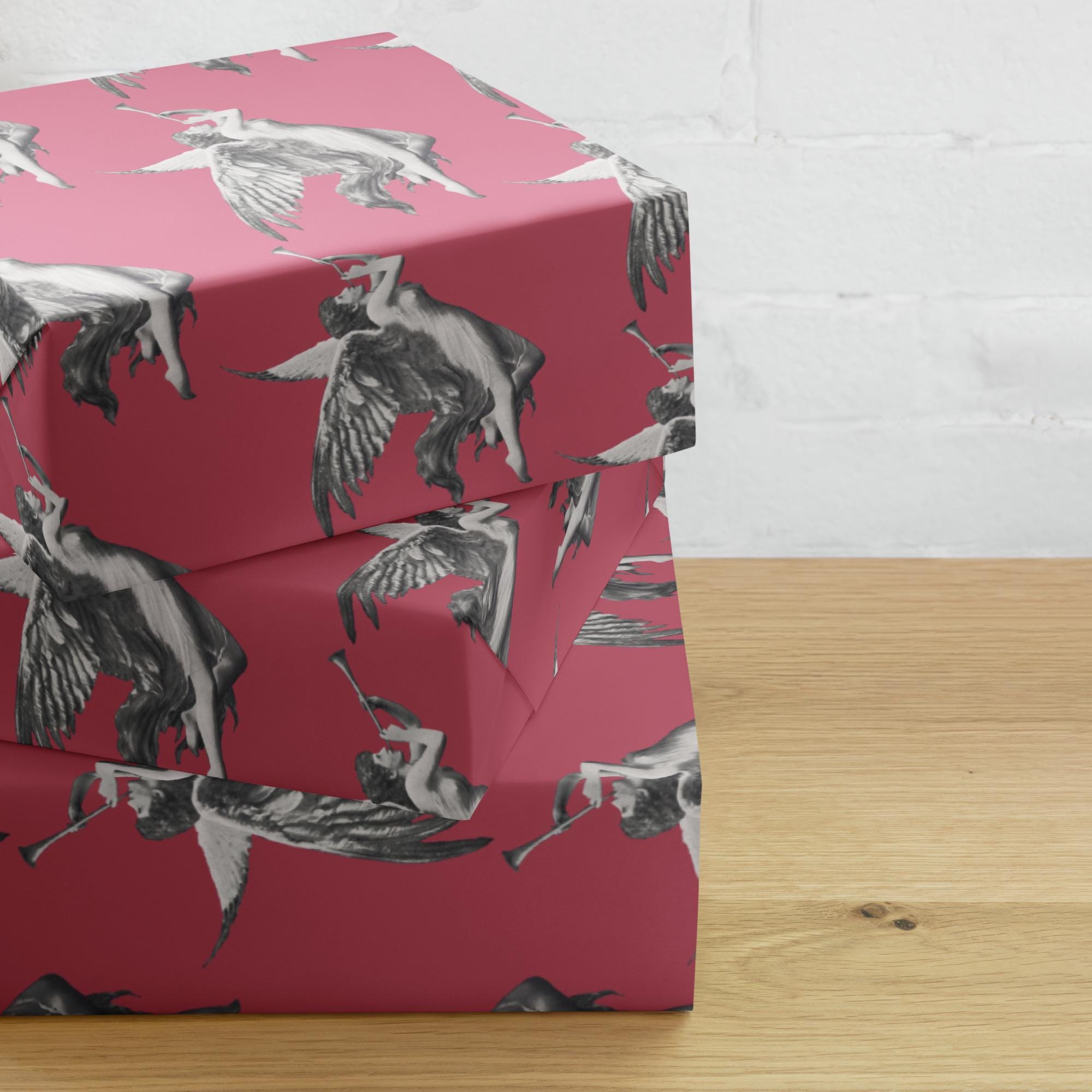 Vintage Cherub Wrapping Paper - Rose Pink Angel Design, Matte Finish (Set of 3 Sheets)