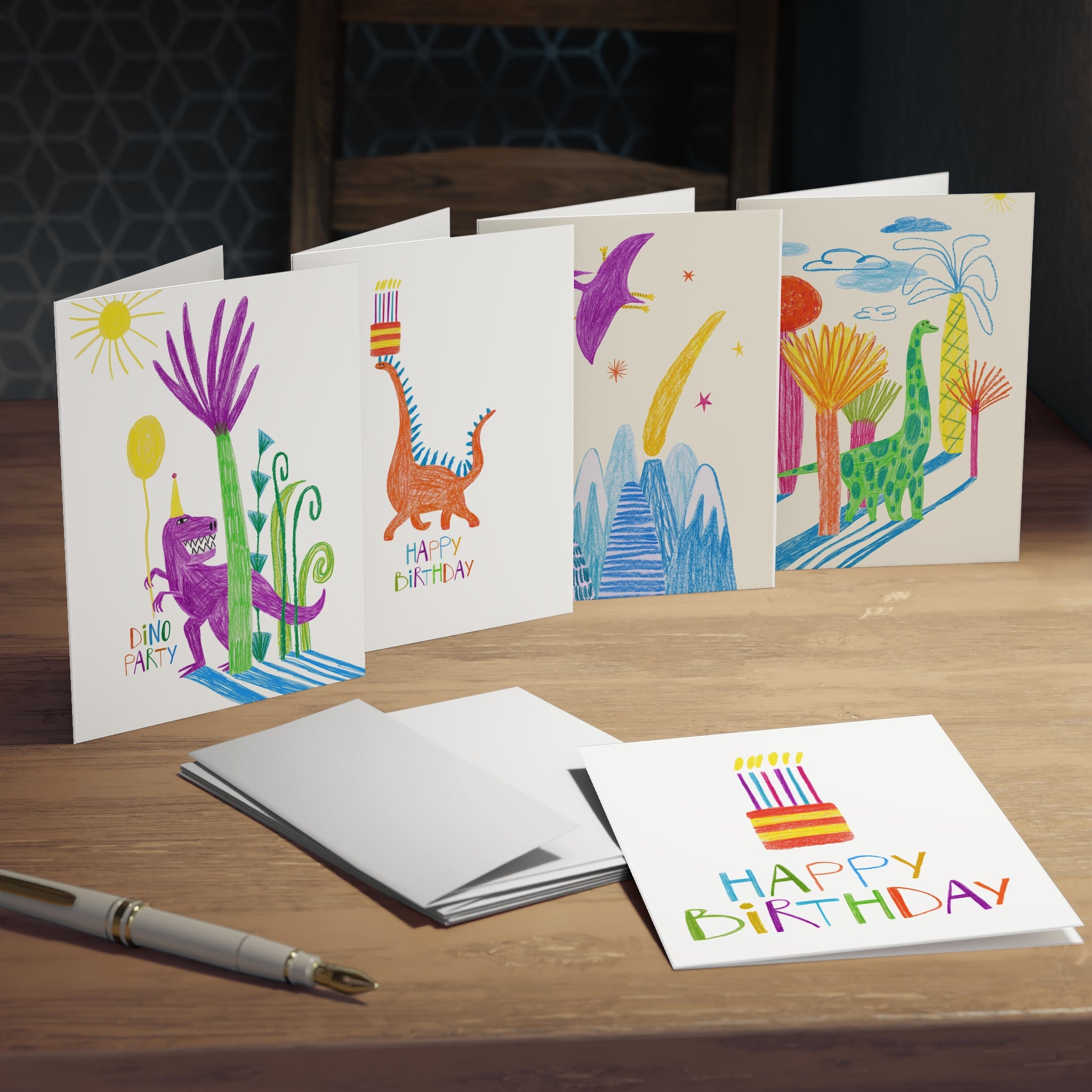 Whimsical Birthday Cards 5-Pack — Colorful Dino & Party Illustrations