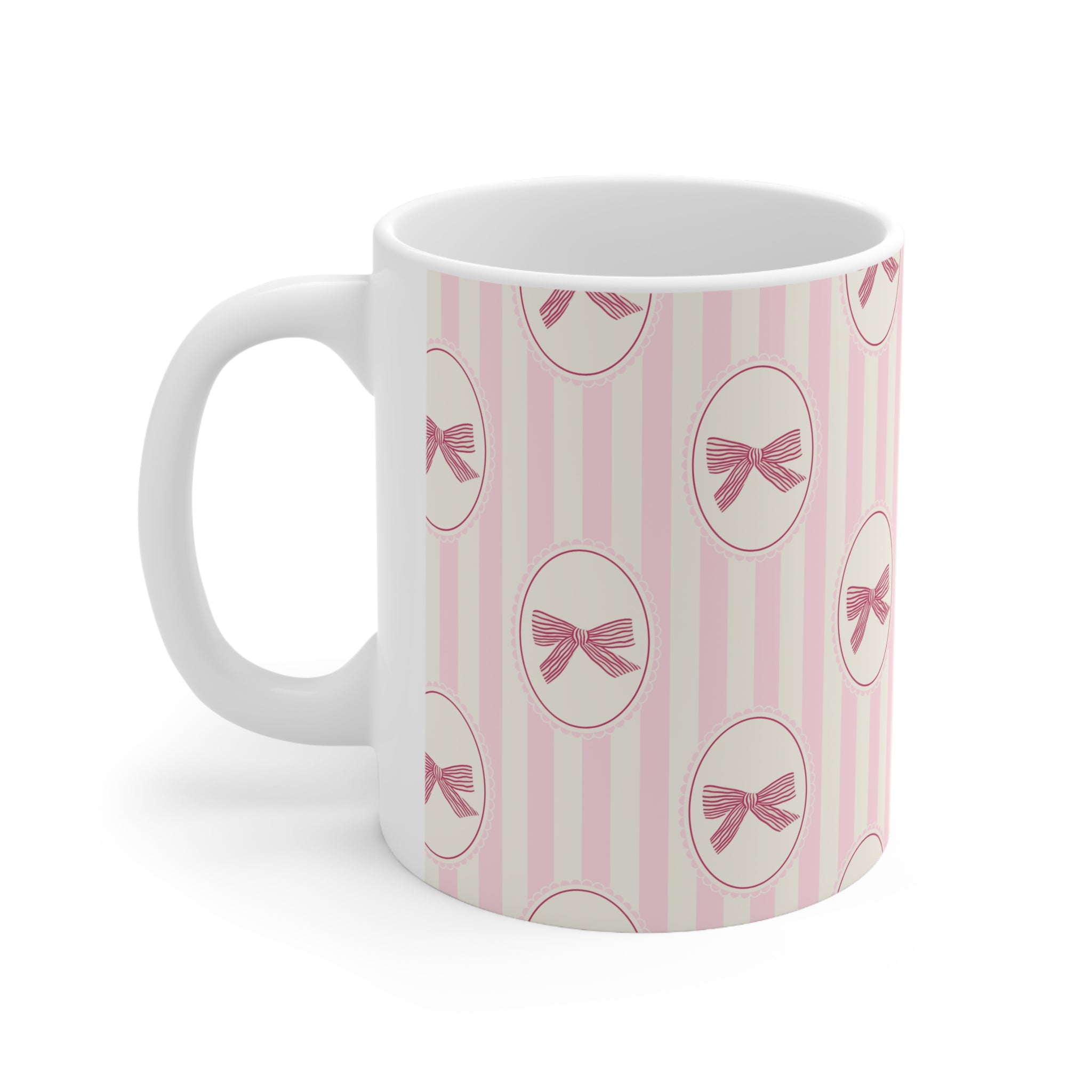 Pink Bow Pattern Mug — Cute Vintage Striped Ceramic Coffee Cup (11oz & 15oz)