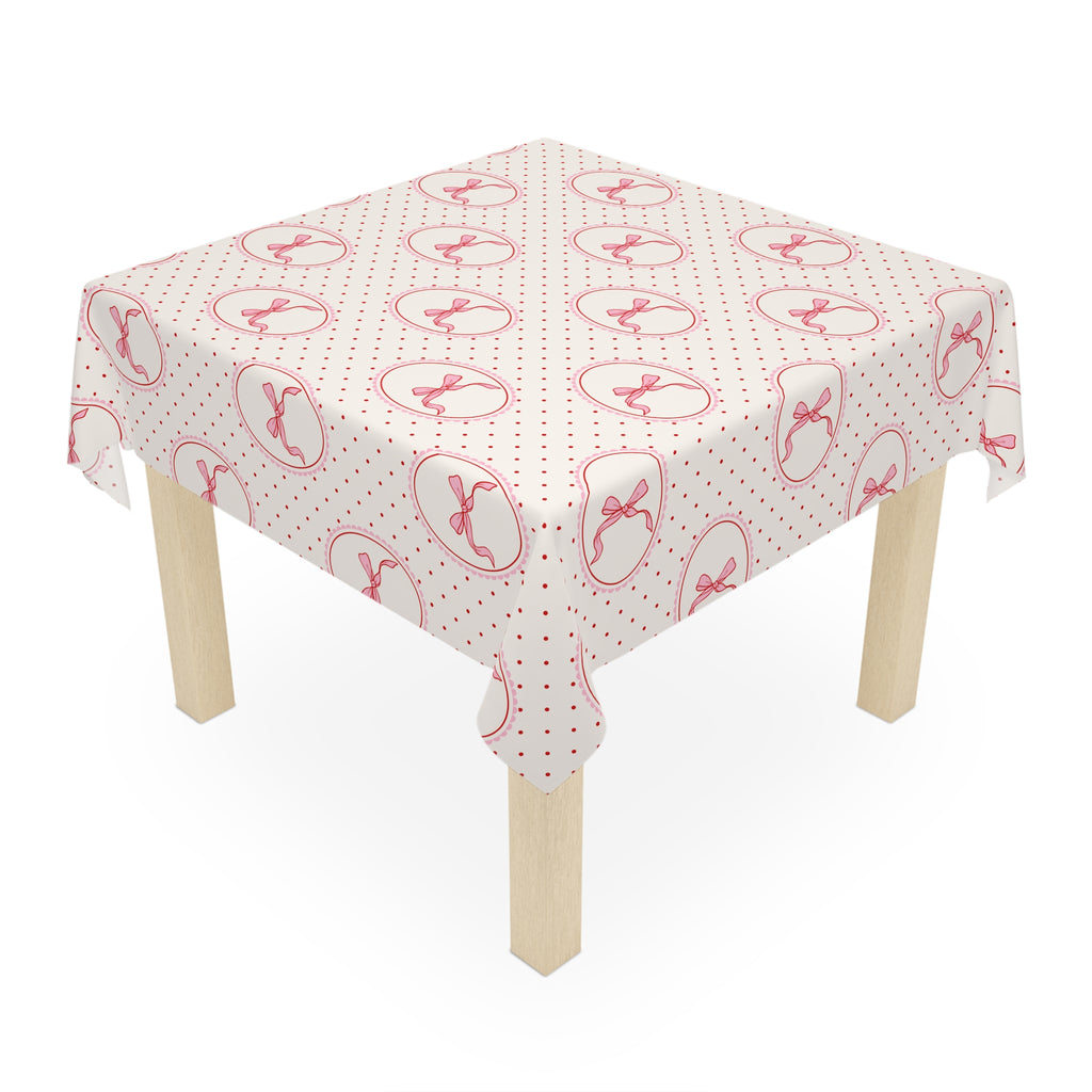 Pink Bow Polka Dot Tablecloth — Vintage Romantic Dining Linen