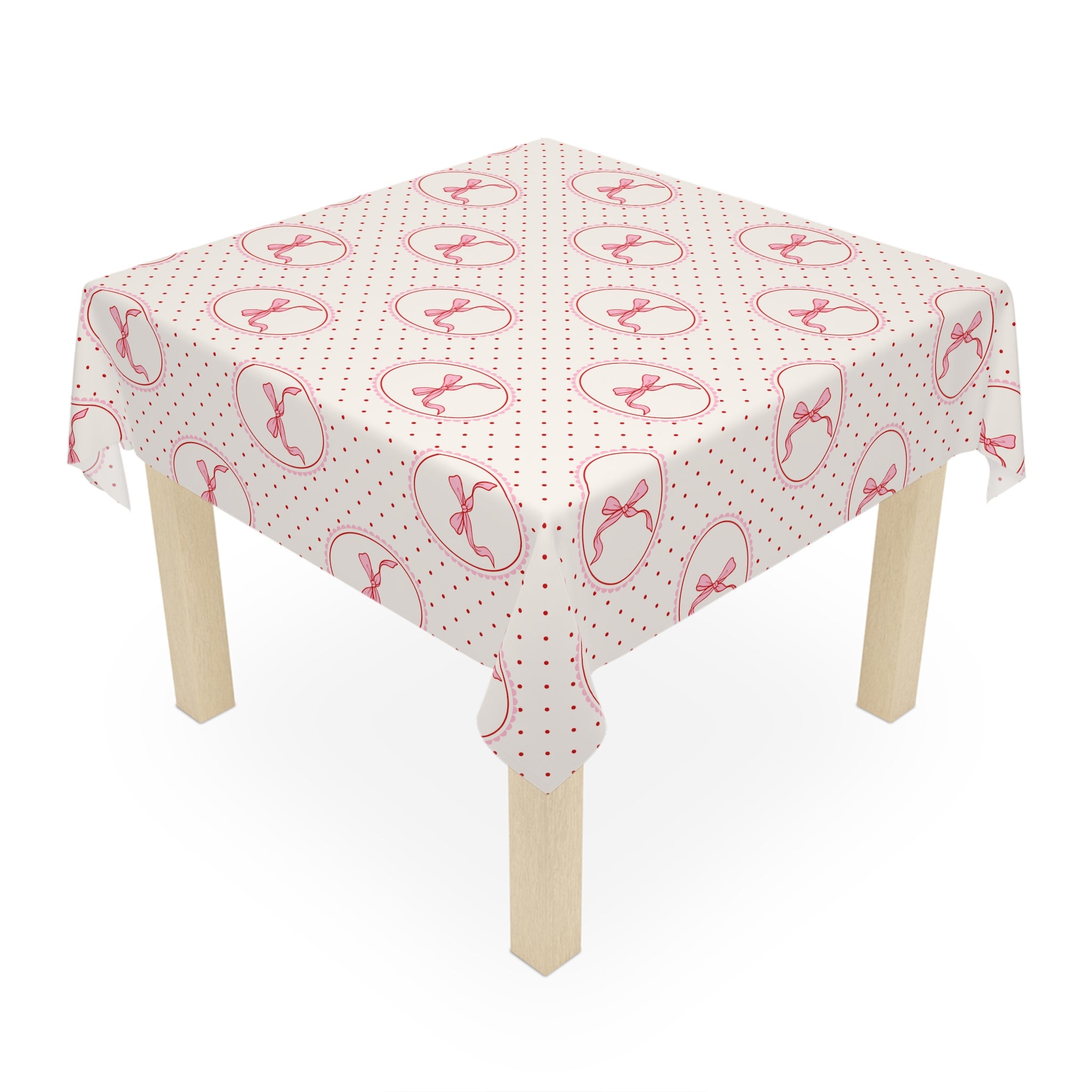 Pink Bow Polka Dot Tablecloth — Vintage Romantic Dining Linen