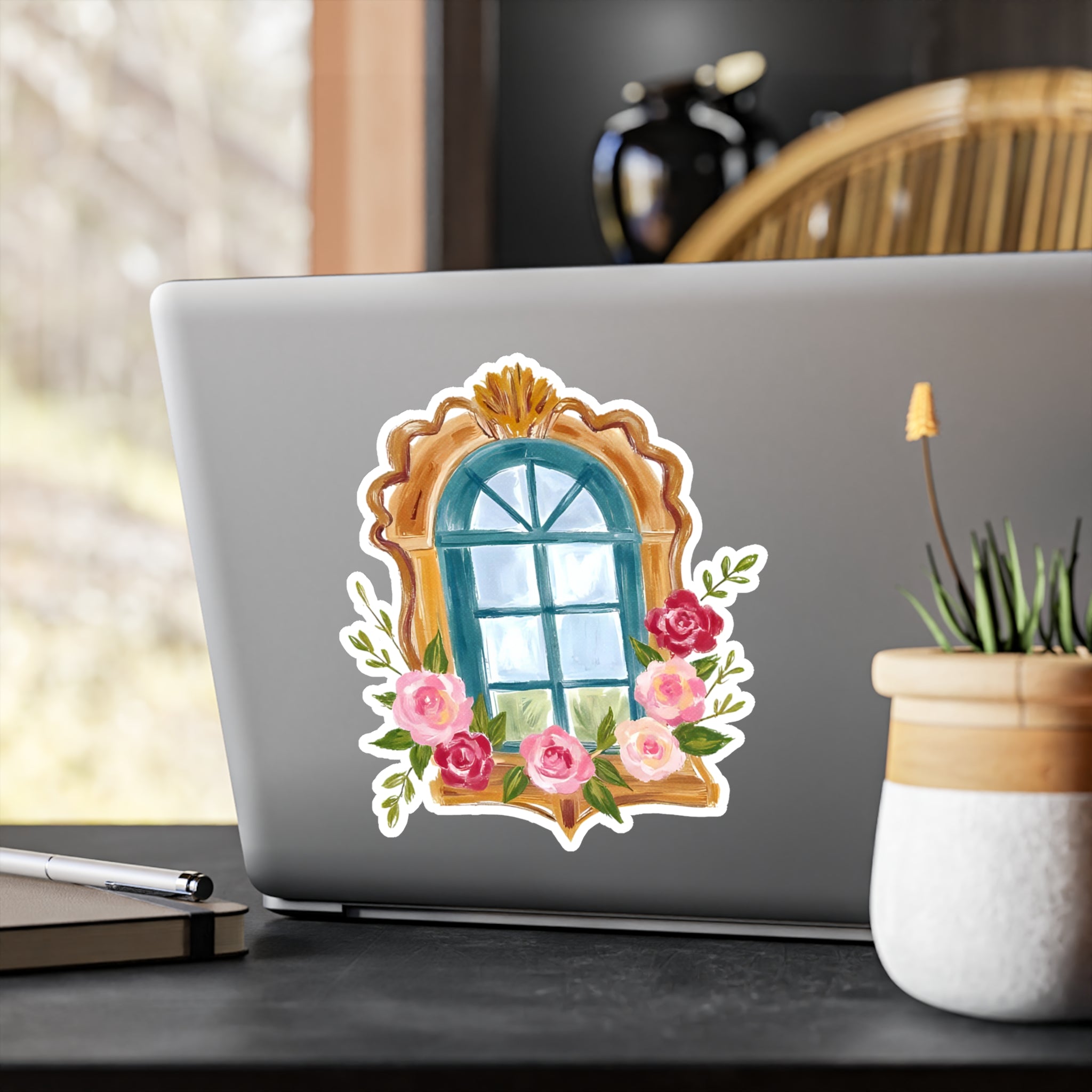 Floral Vintage Window Kiss-Cut Vinyl Decal – Antique Frame with Roses Sticker