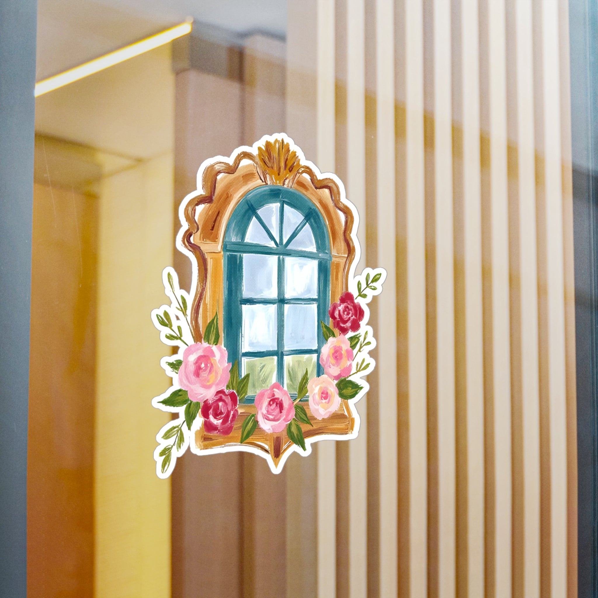 Floral Vintage Window Kiss-Cut Vinyl Decal – Antique Frame with Roses Sticker