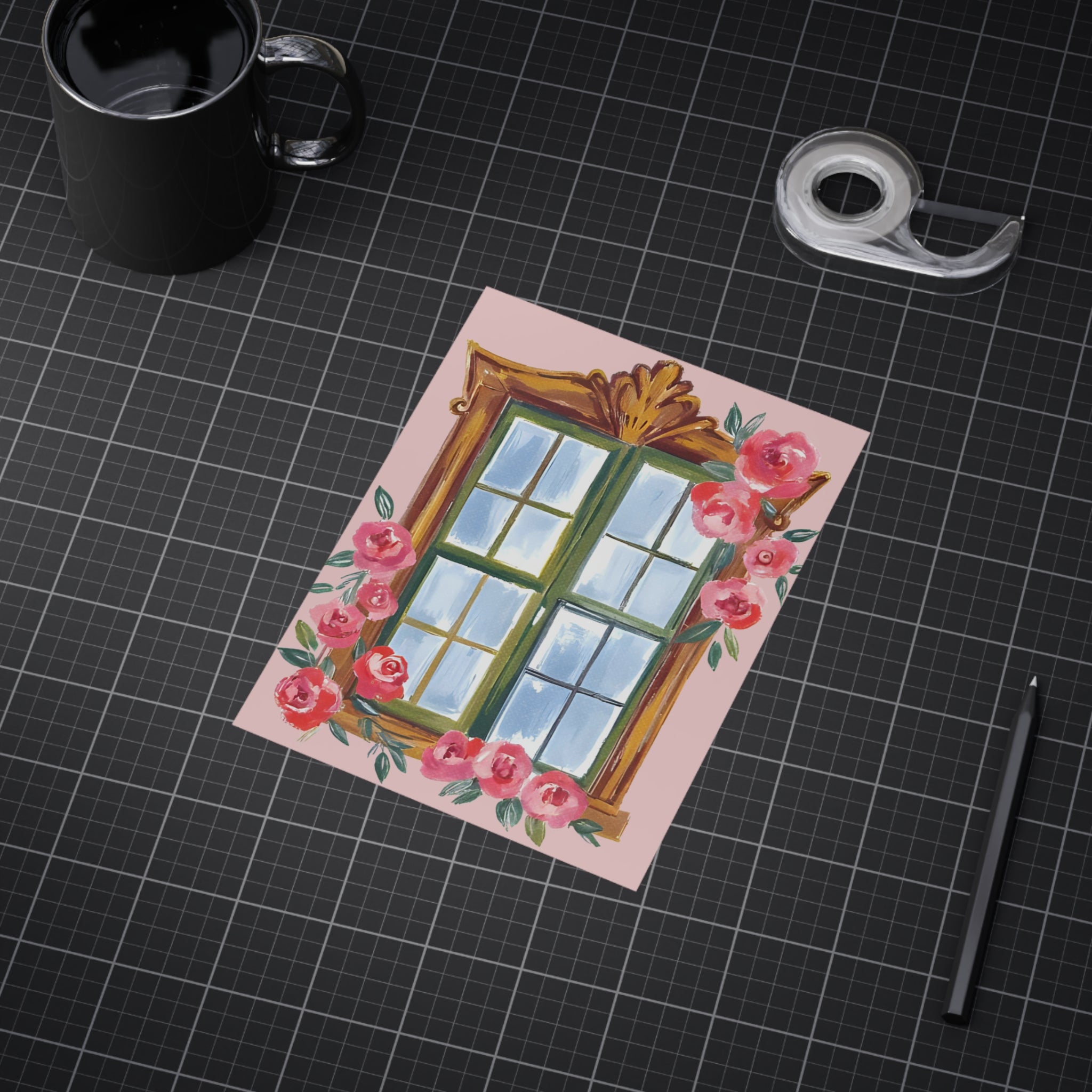 Floral Window Art Print — Pink Rose Illustration Unframed Print