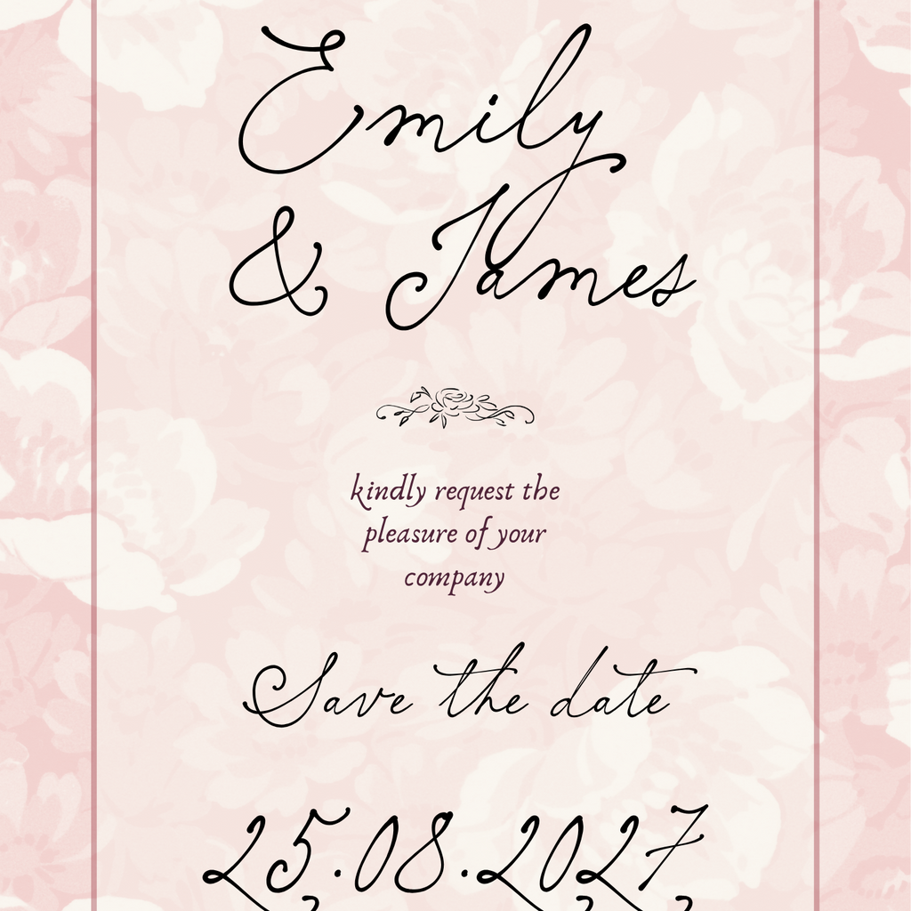Wedding save the date card with 'Emily & James' on a pink floral background