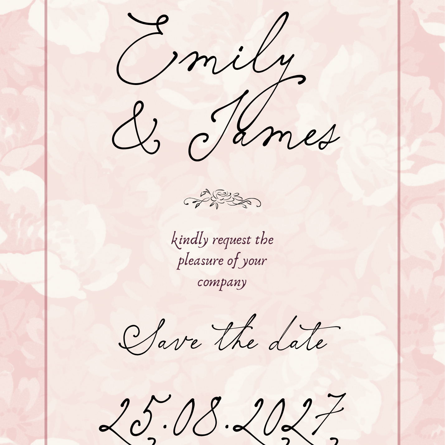 Wedding save the date card with 'Emily & James' on a pink floral background