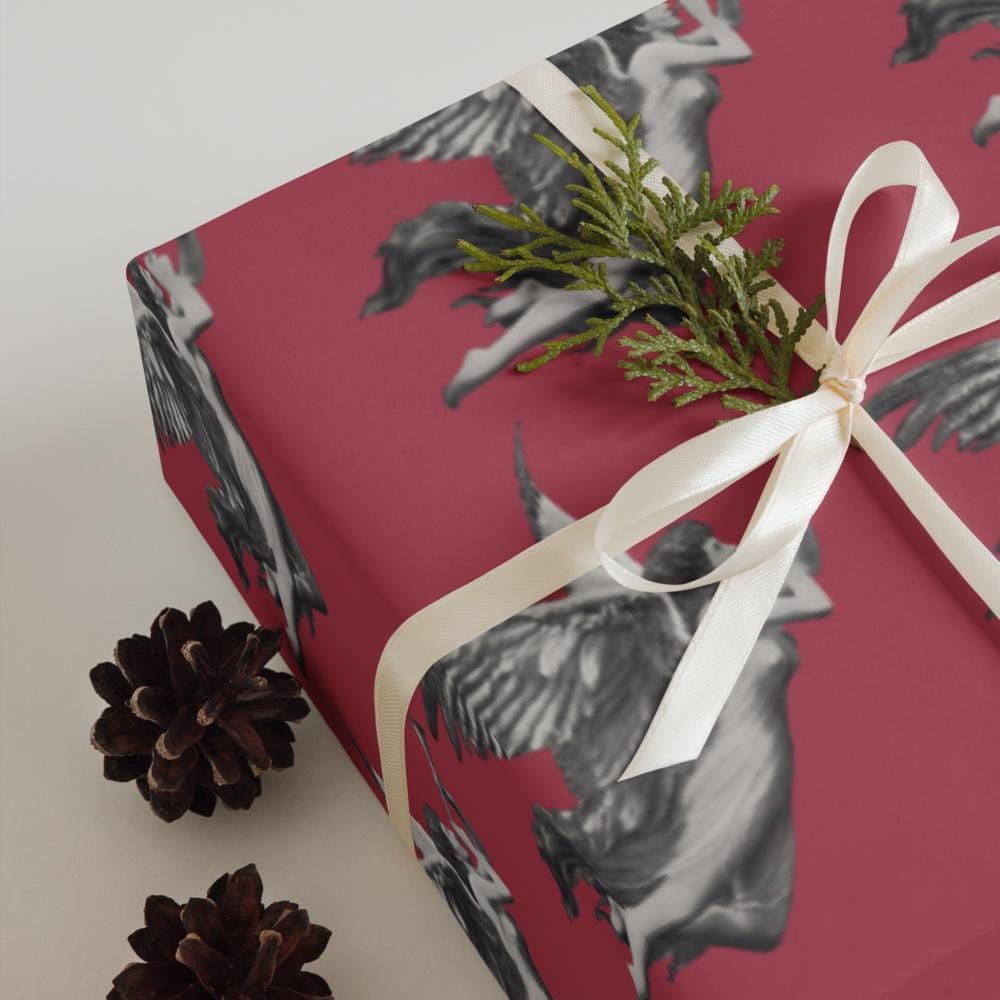 Vintage Cherub Wrapping Paper - Rose Pink Angel Design, Matte Finish (Set of 3 Sheets)