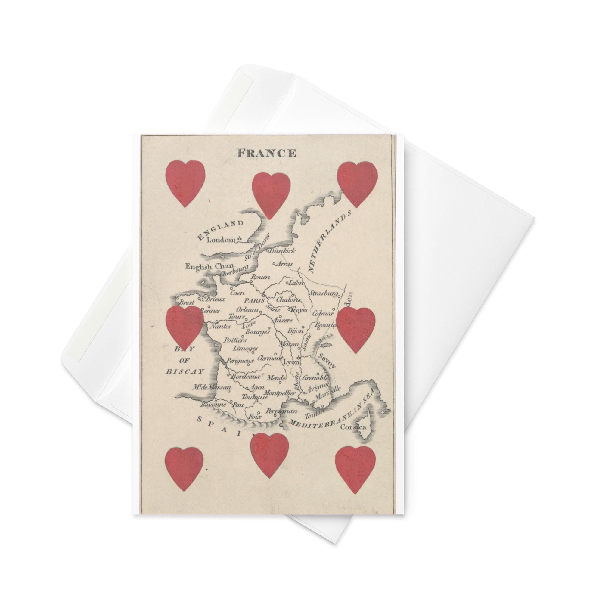 Vintage France Map Greeting Card – Romantic Antique Cartography Card