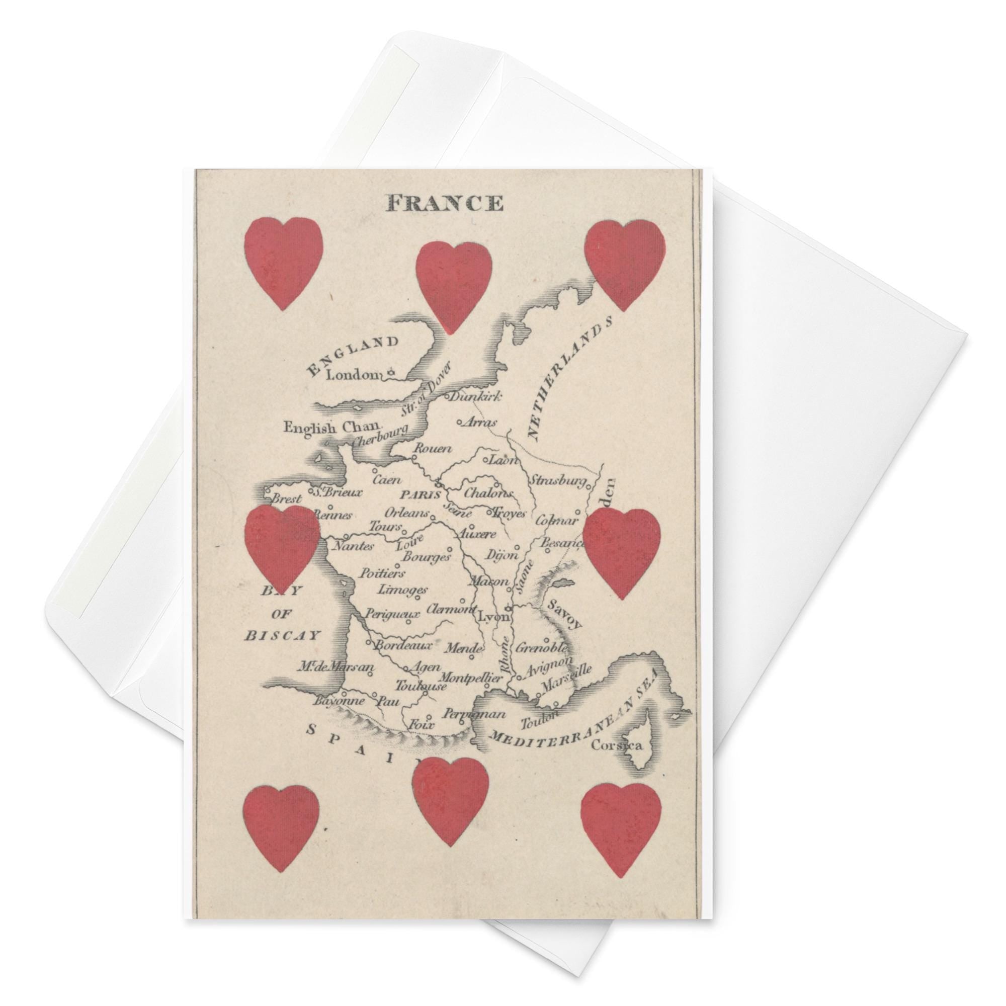 Vintage France Map Greeting Card – Romantic Antique Cartography Card